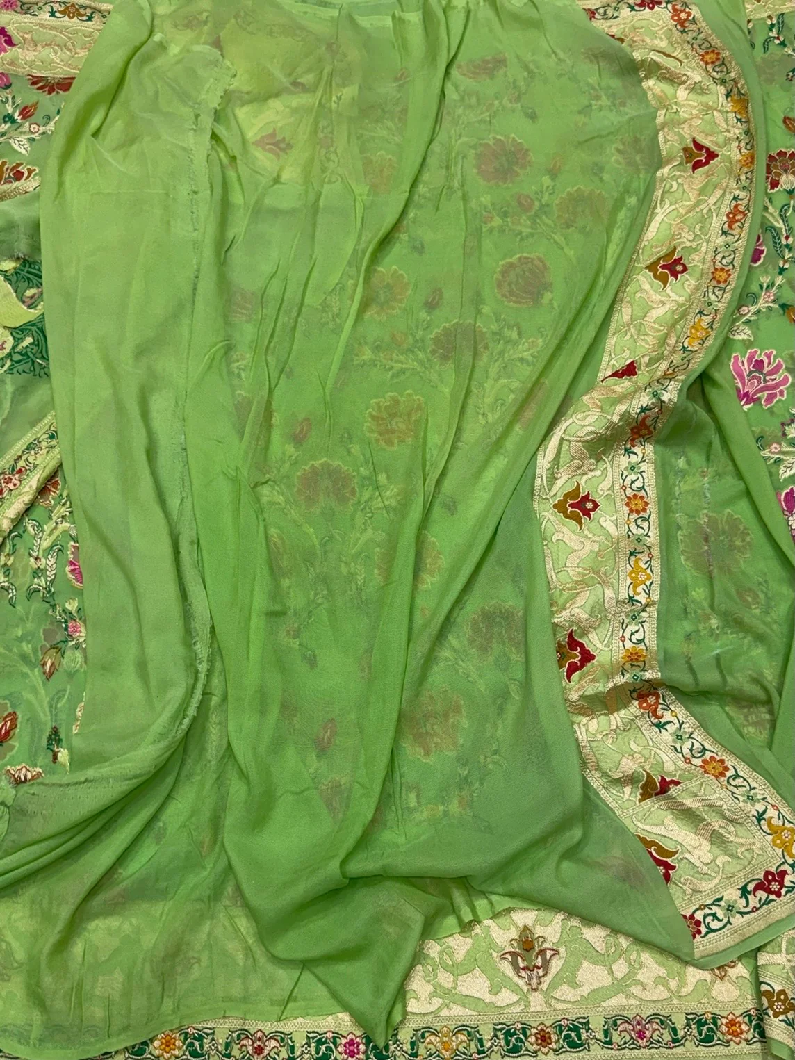 Apple Green Pure Banarasi Minakari Chiffon Georgette Saree - Image 2