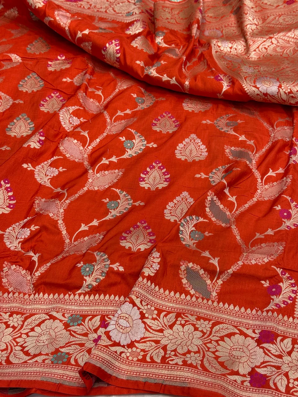 Orange Banarasi Minakari Pure Katan Silk Saree | Pure Silk | Minakari Work | Cutwork Technique | Banarasi Katan Silk Saree