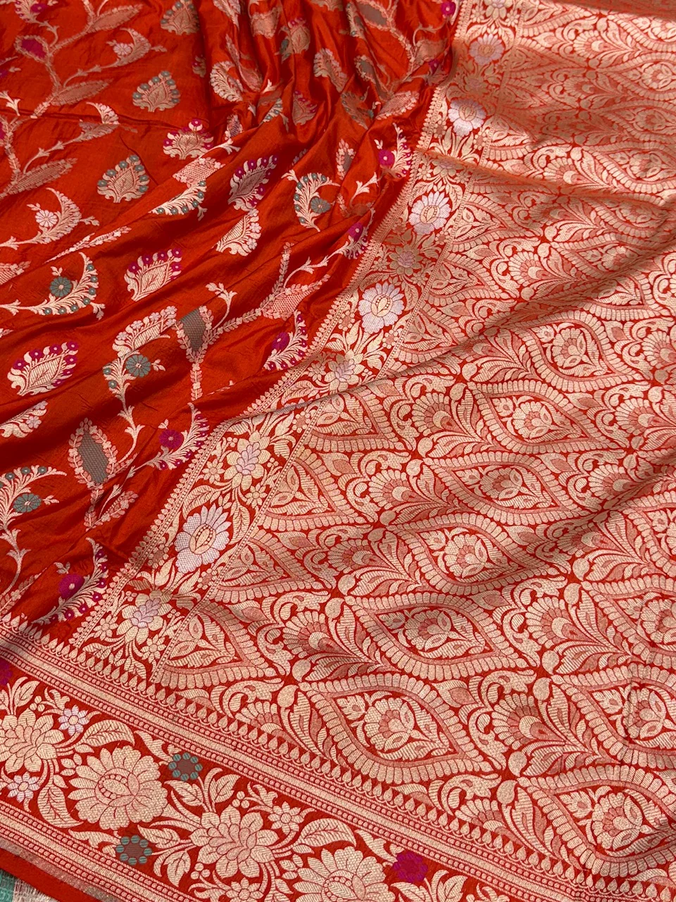 Orange Banarasi Minakari Pure Katan Silk Saree | Pure Silk | Minakari Work | Cutwork Technique | Banarasi Katan Silk Saree - Image 2