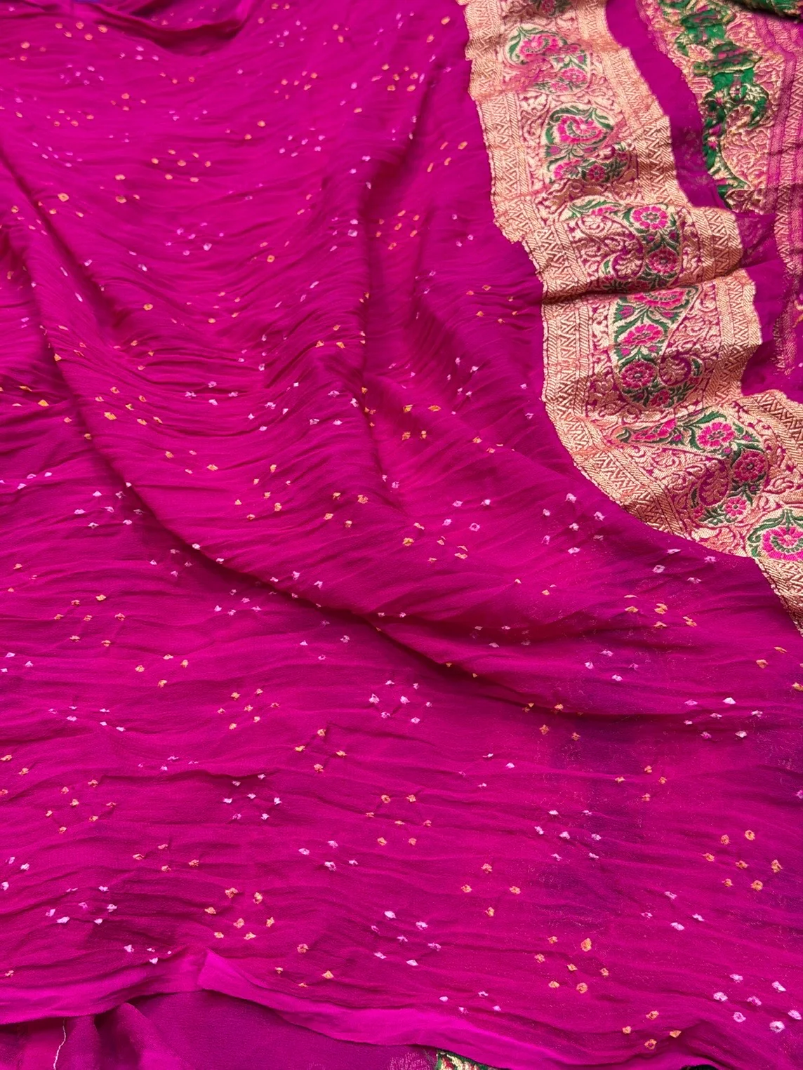 Rani Pink Banarasi Pure Bandhej Georgette Saree – Luxury Cutwork Brocade Festive Saree - Image 2