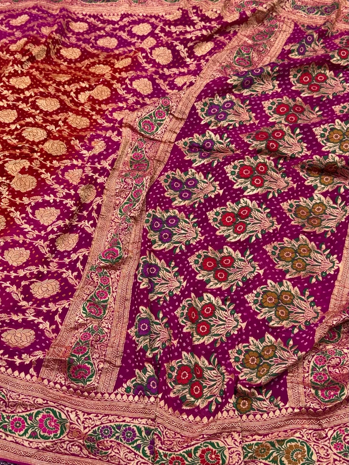 Rani Pink Banarasi Pure Bandhej Georgette Saree – Luxury Cutwork Brocade Festive Saree - Image 3
