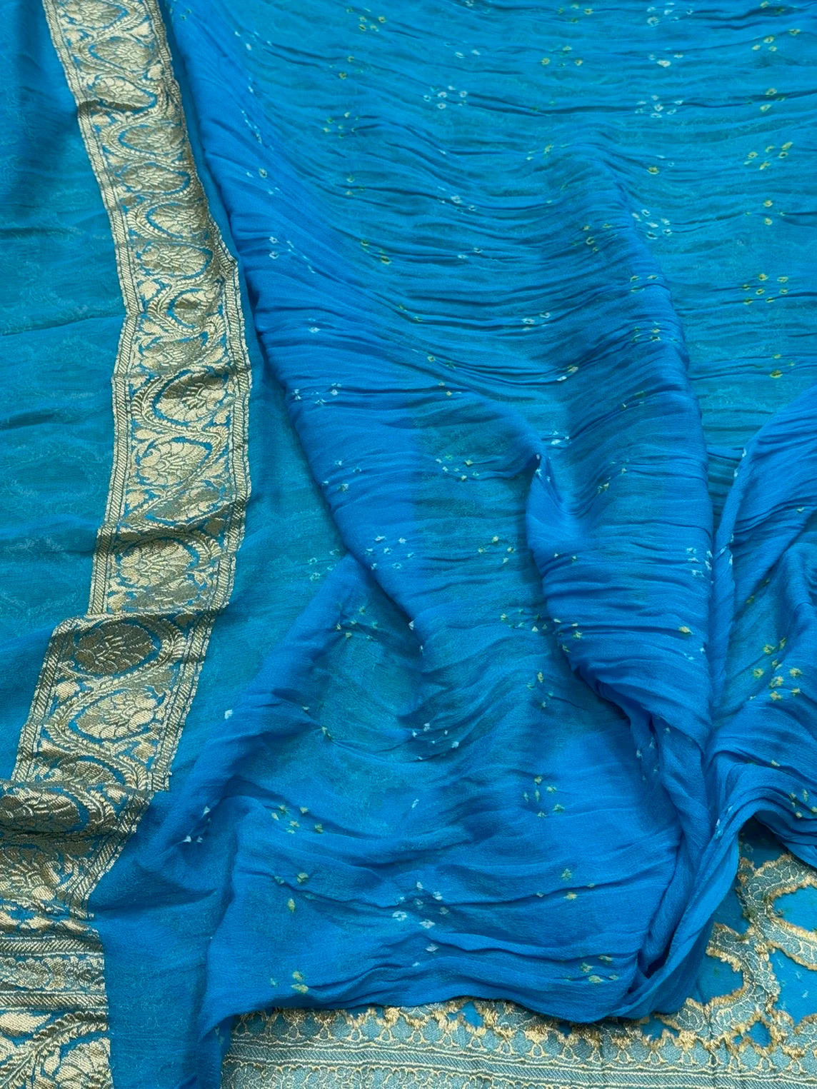 Sky Blue Banarasi Pure Bandhej Georgette Saree – Luxury Cutwork Brocade Festive Saree - Image 2