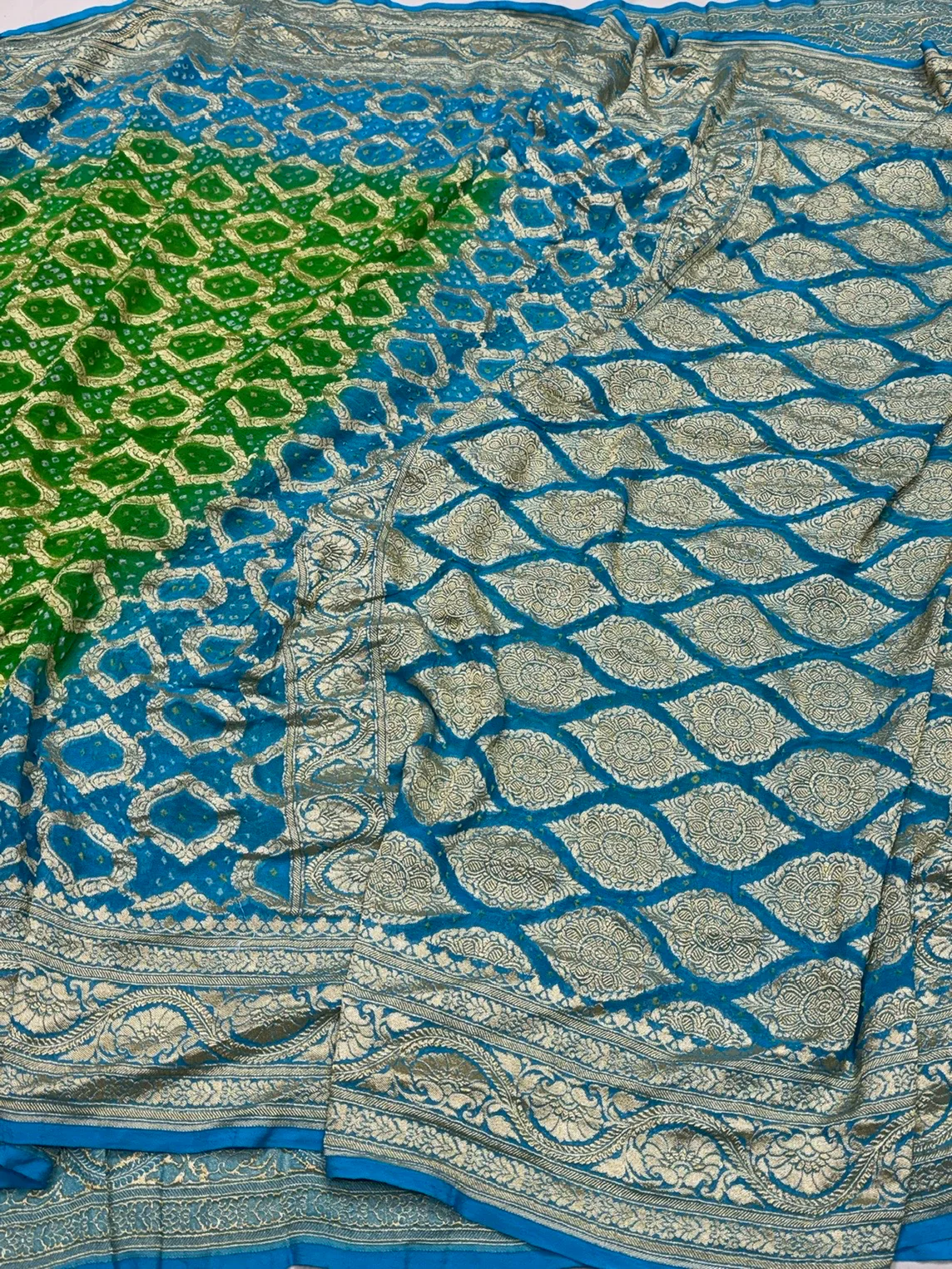 Sky Blue Banarasi Pure Bandhej Georgette Saree – Luxury Cutwork Brocade Festive Saree - Image 3