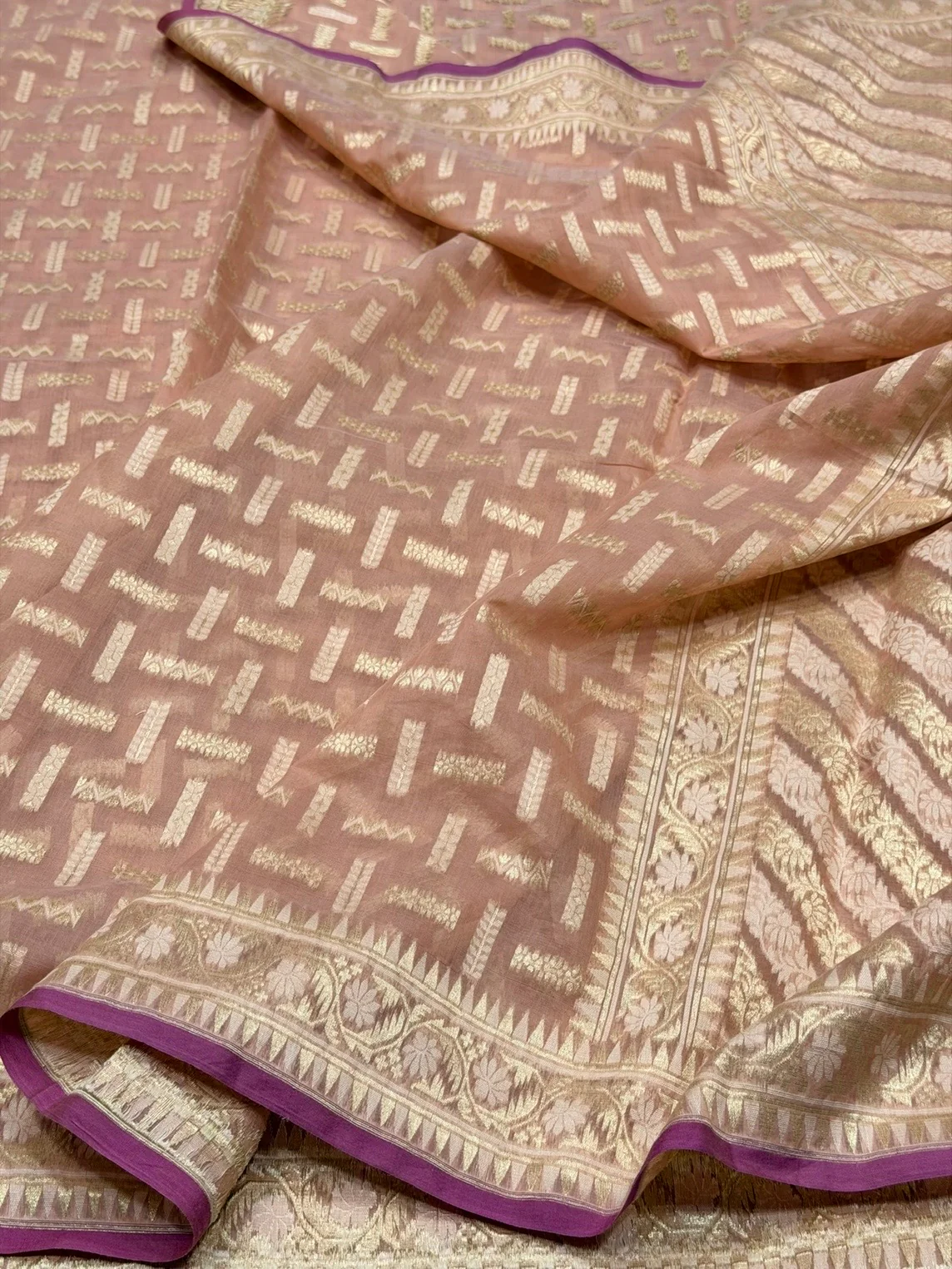 Peach Banarasi Pure Kora Cotton Saree