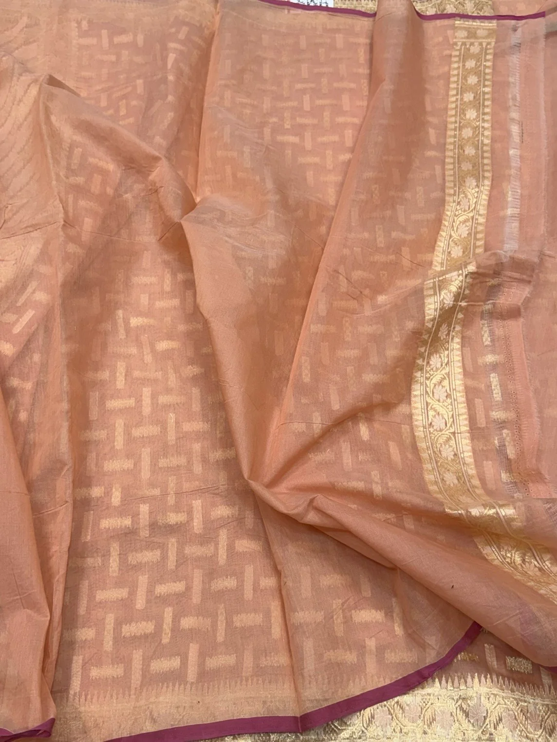 Peach Banarasi Pure Kora Cotton Saree - Image 2