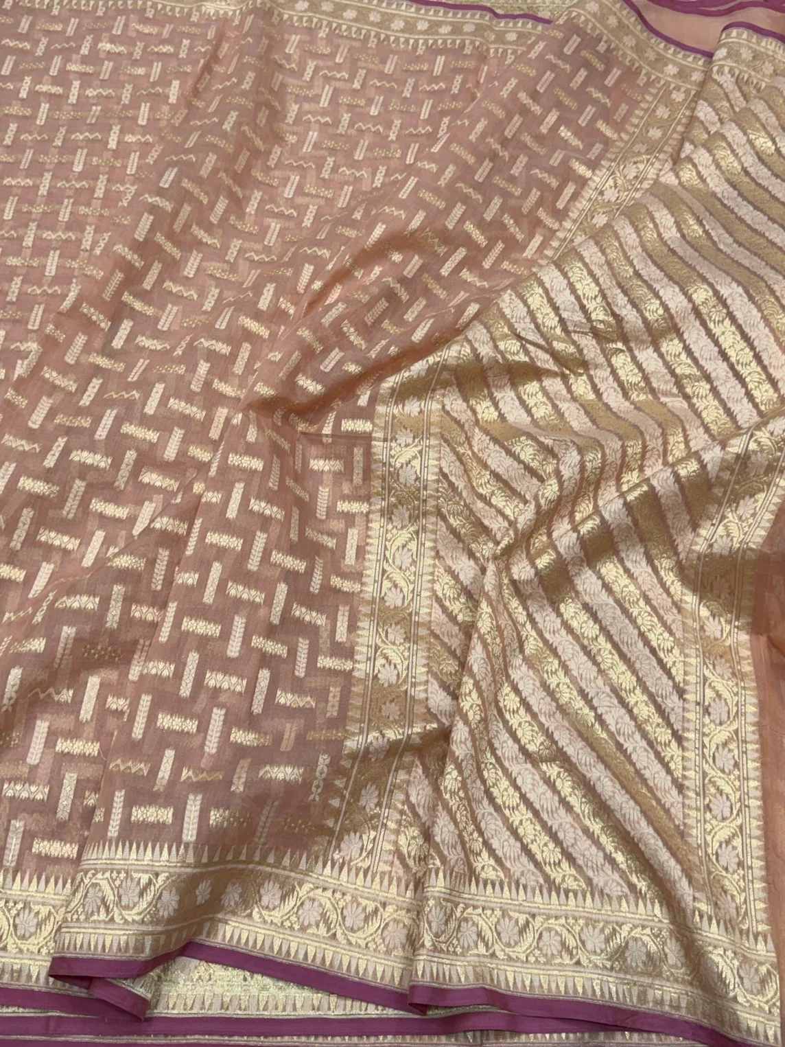 Peach Banarasi Pure Kora Cotton Saree - Image 3