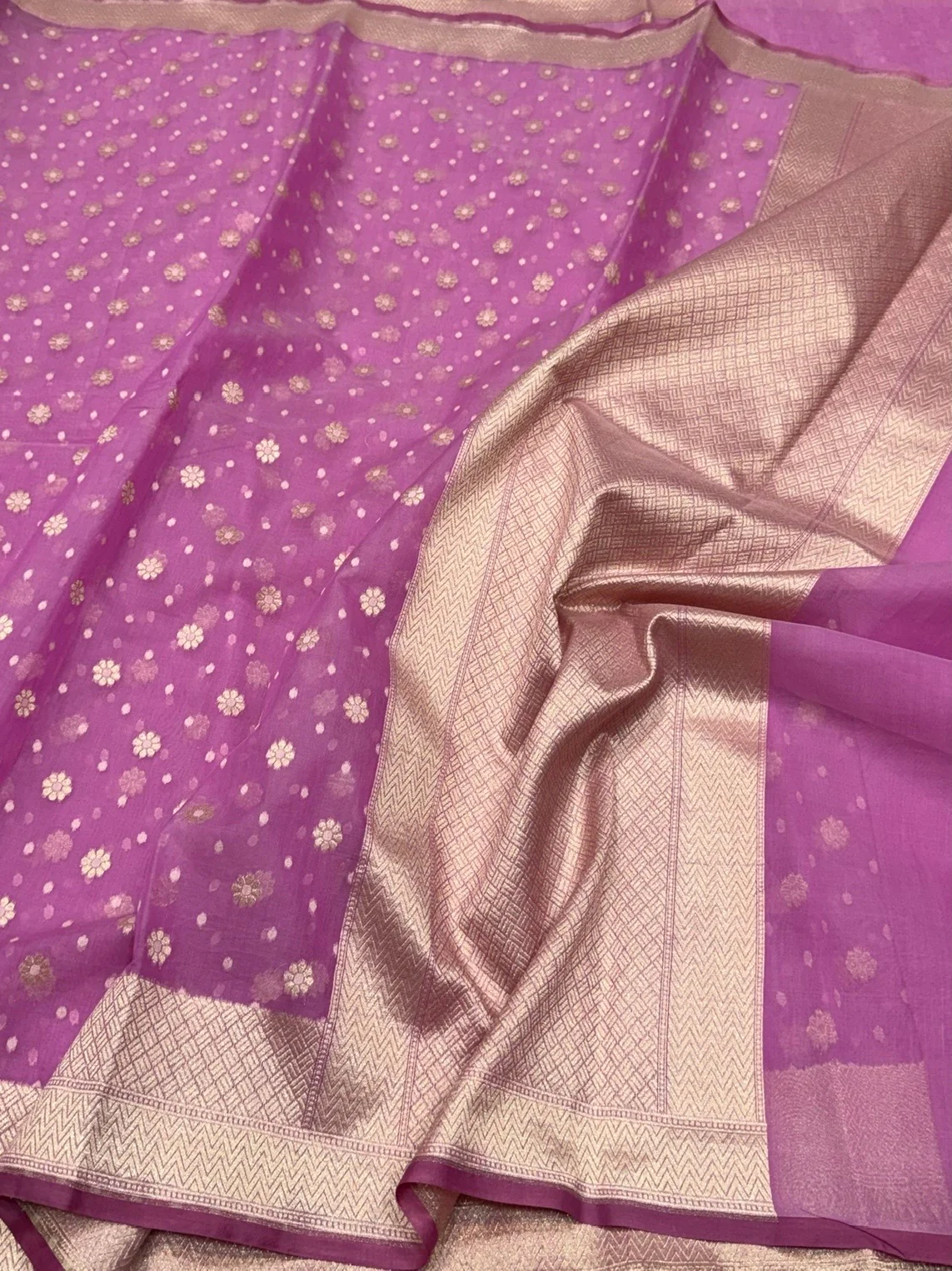 Pastel Pink Banarasi Pure Kora Cotton Saree - Image 3