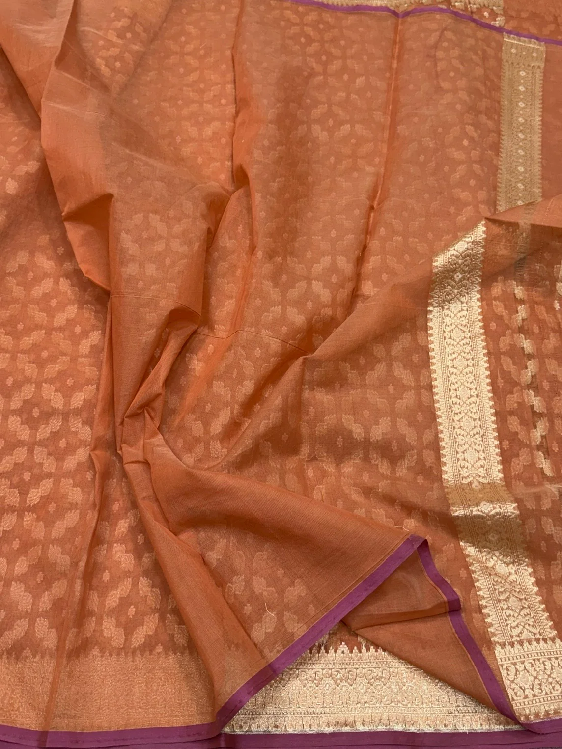 Rust Banarasi Pure Kora Cotton Saree - Image 2