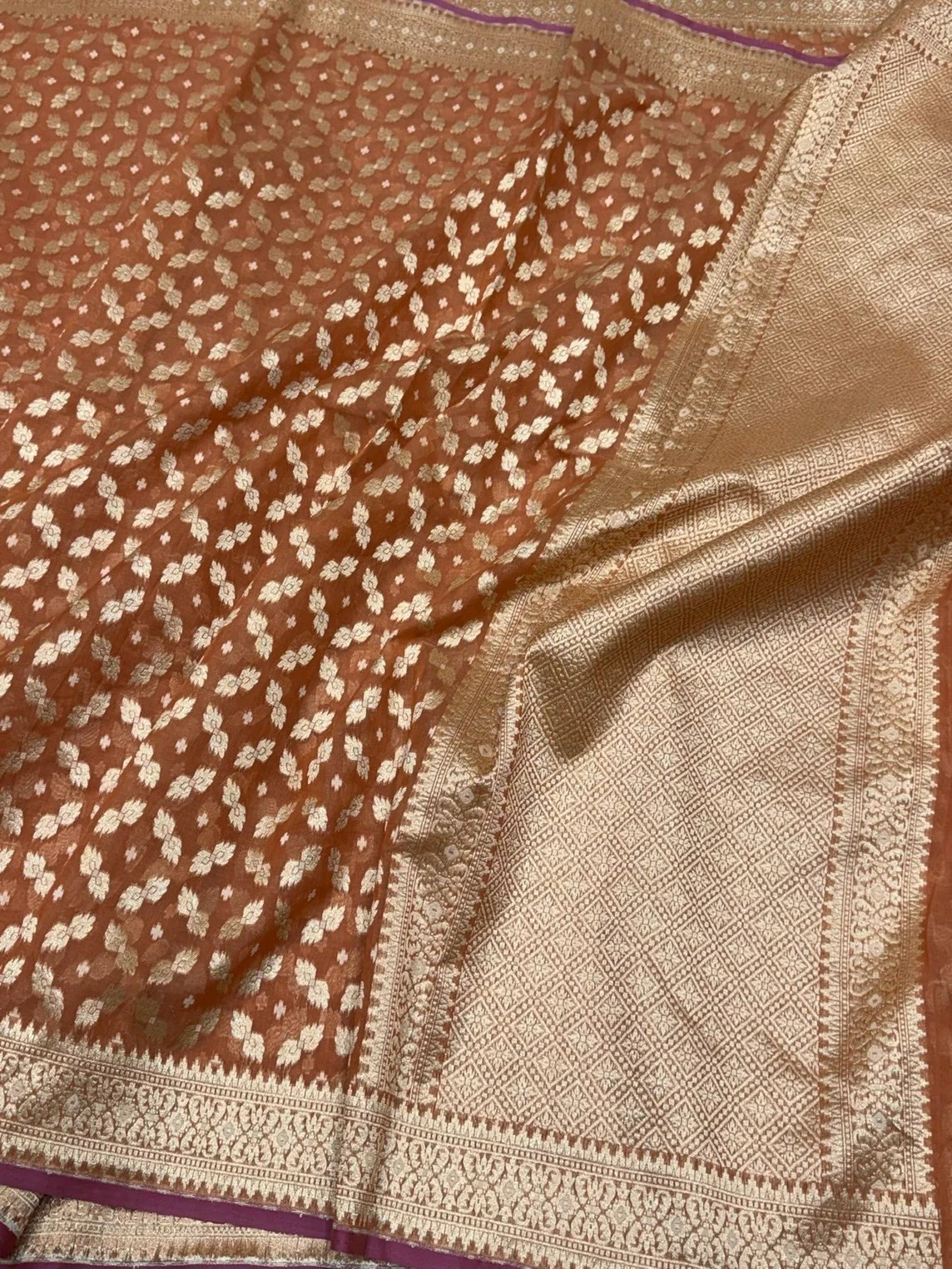 Rust Banarasi Pure Kora Cotton Saree - Image 3