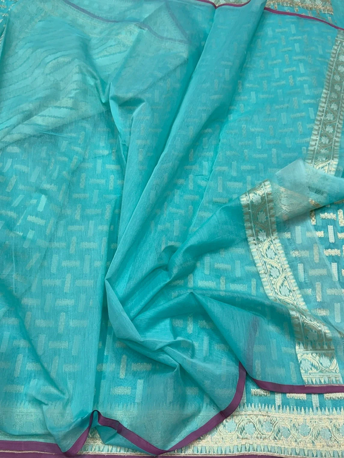 Sky Blue Banarasi Pure Kora Cotton Saree - Image 2