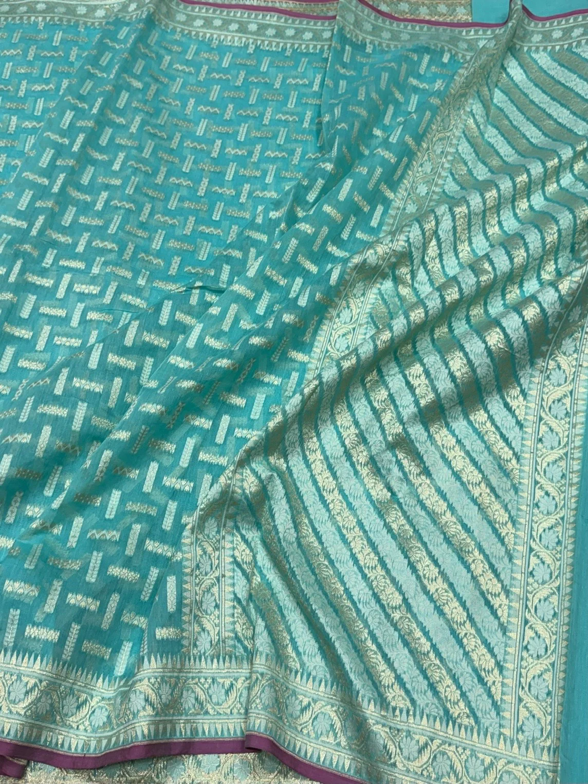 Sky Blue Banarasi Pure Kora Cotton Saree - Image 3