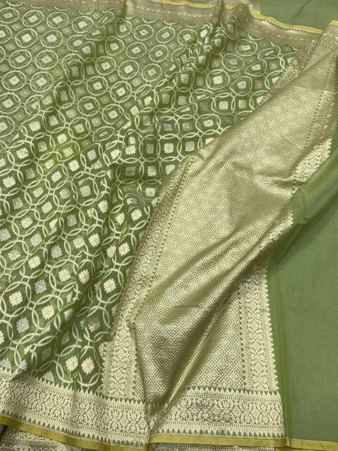 Green Banarasi Pure Kora Cotton Saree - Image 3