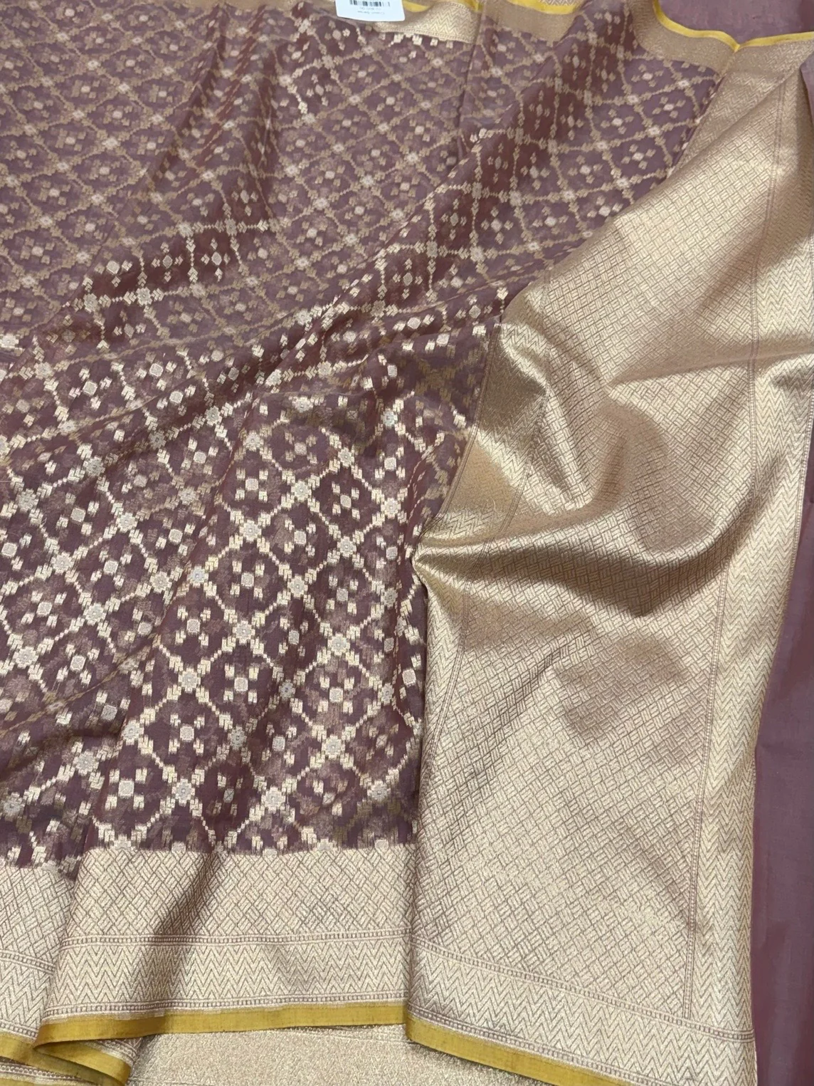 Chocolate Brown Banarasi Pure Kora Cotton Saree - Image 3