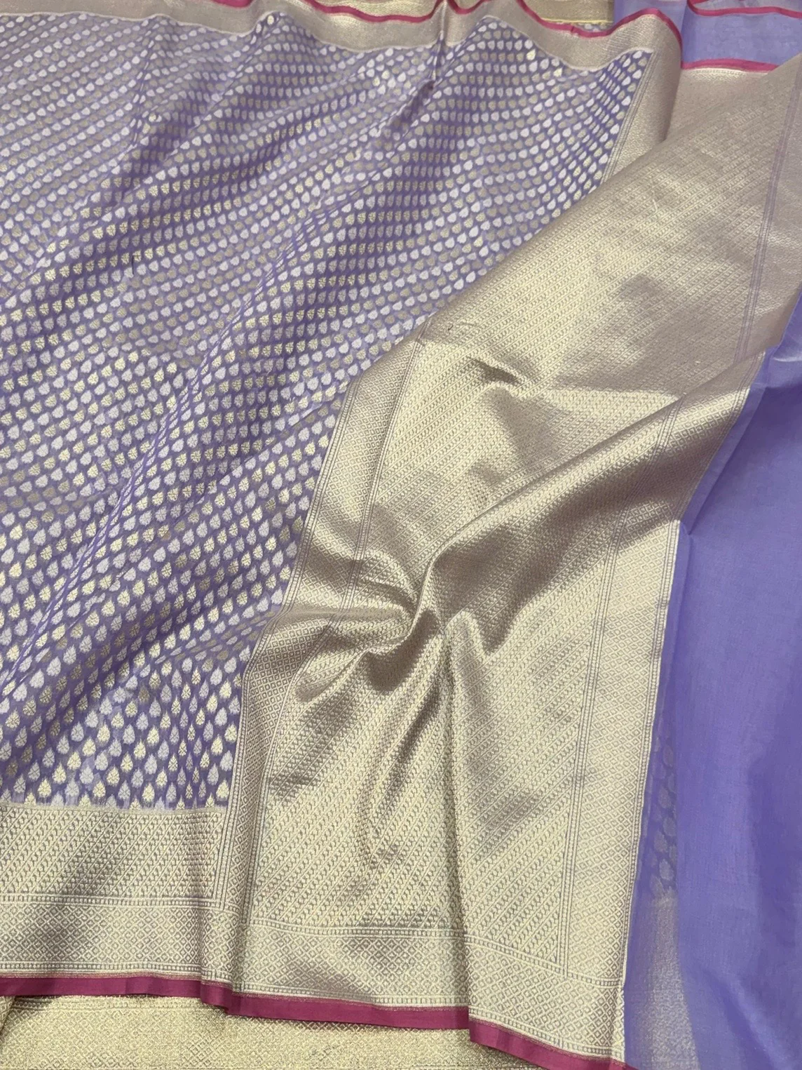Lavender Banarasi Pure Kora Cotton Saree - Image 3