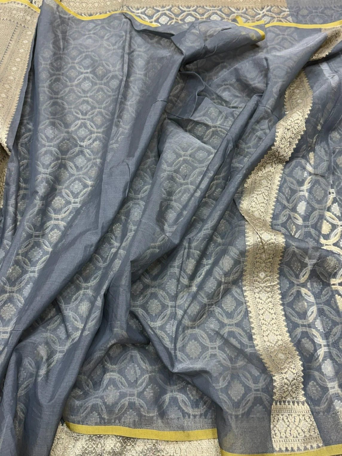 Ash Grey Banarasi Pure Kora Cotton Saree - Image 2