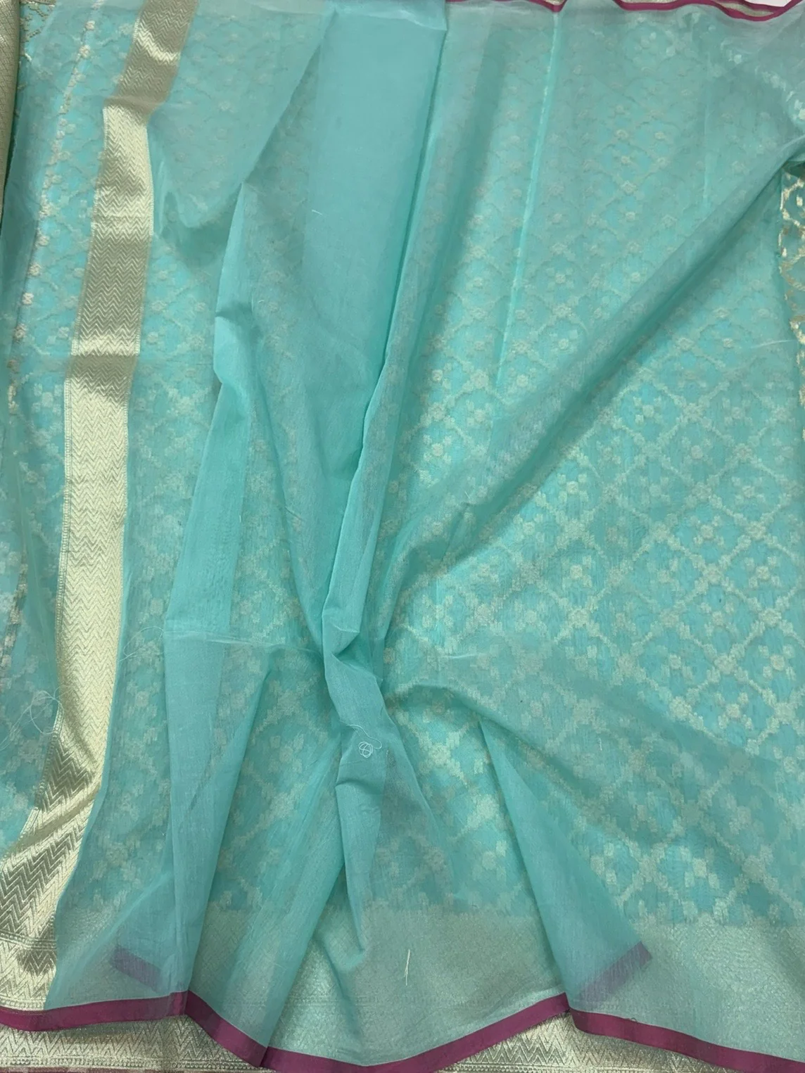 Sea Blue Banarasi Pure Kora Cotton Saree - Image 2