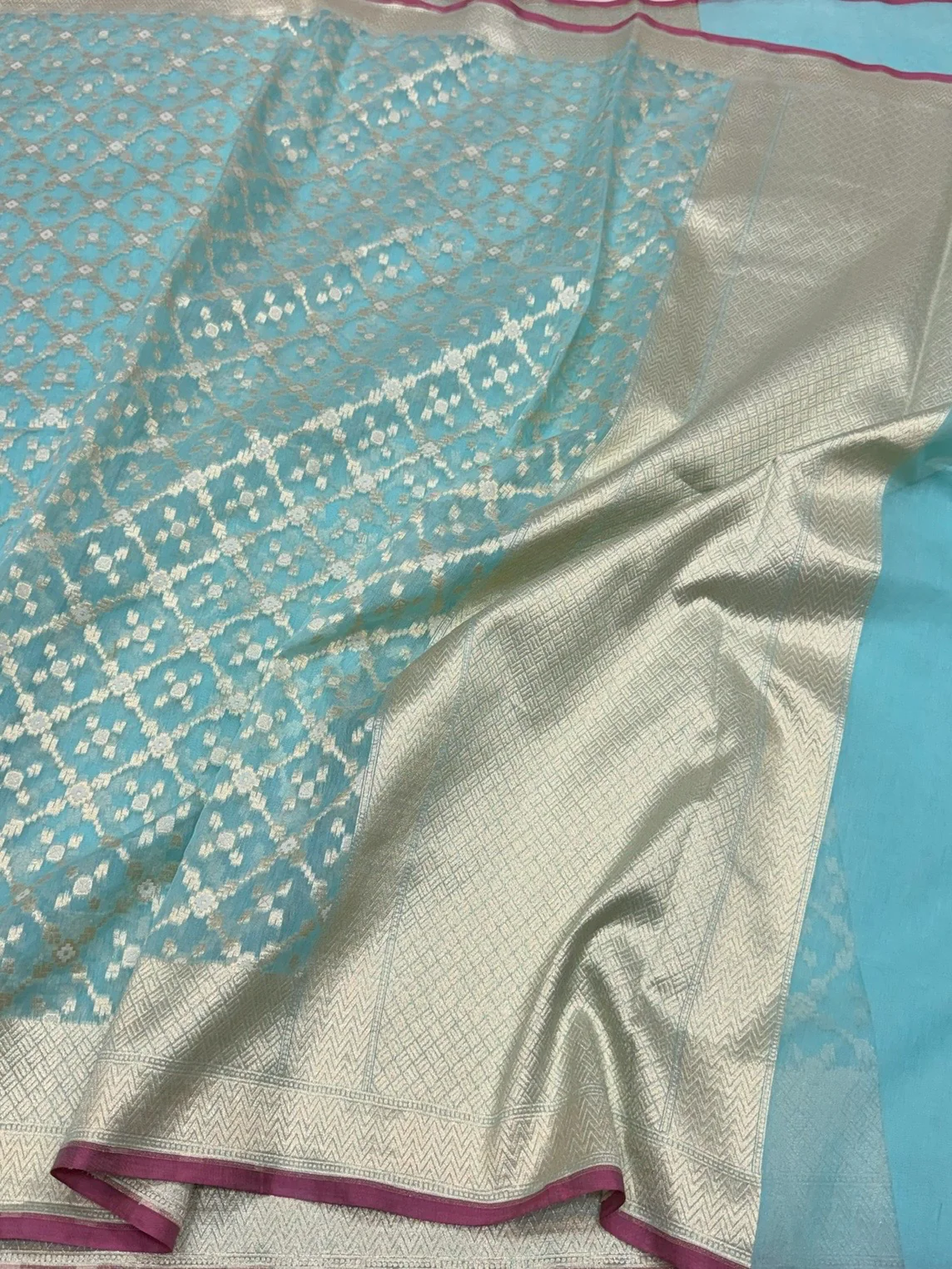 Sea Blue Banarasi Pure Kora Cotton Saree - Image 3