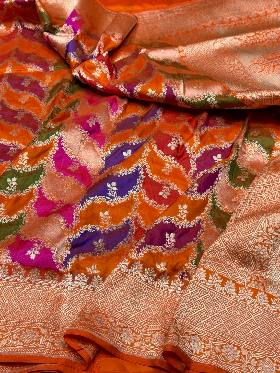 Multicolour Banarasi Pure Silk Saree – Cutwork Weave in 100% Pure Katan Silk
