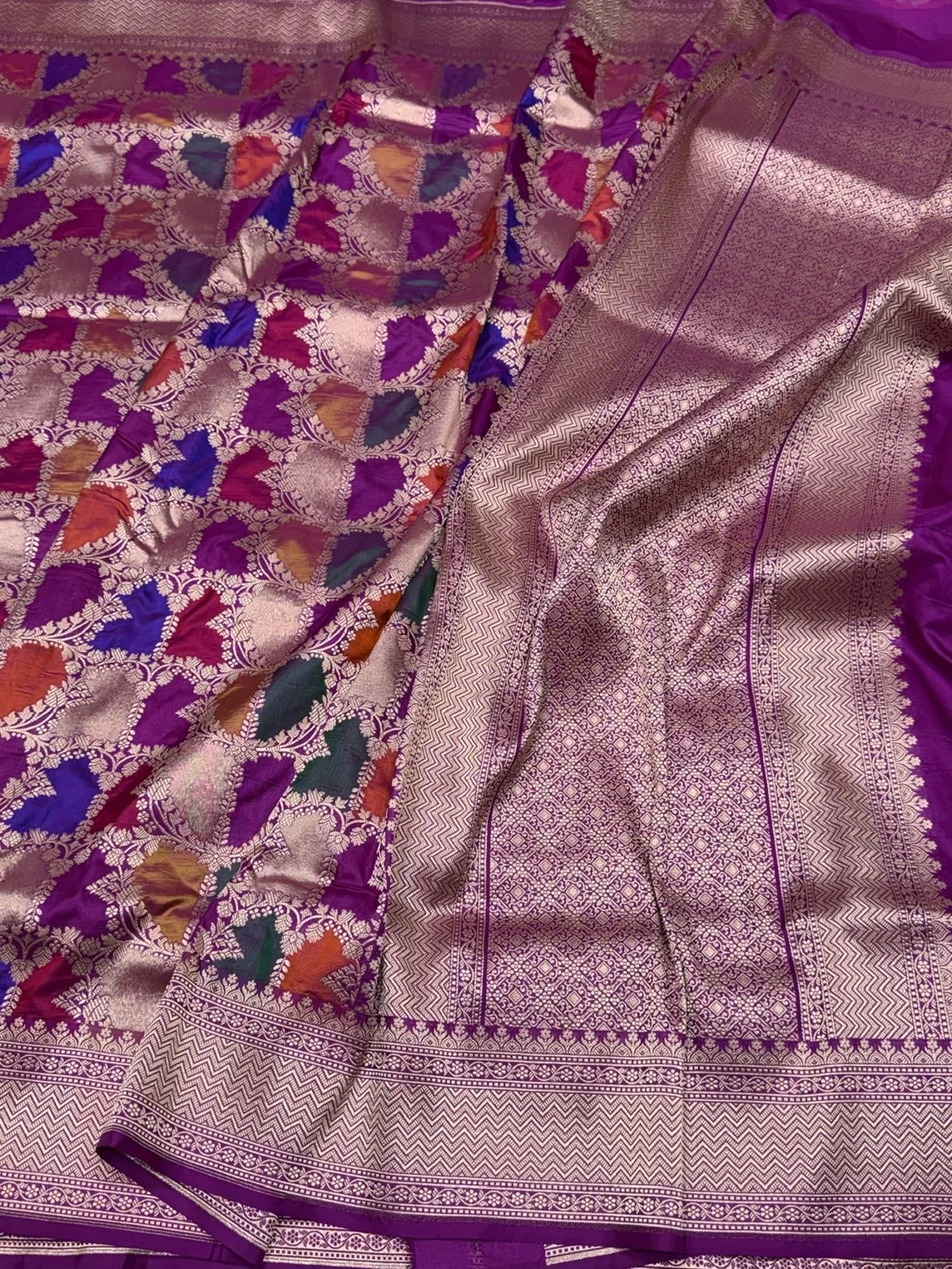 Multicolour Banarasi Pure Silk Saree – Cutwork Weave in 100% Pure Katan Silk - Image 3