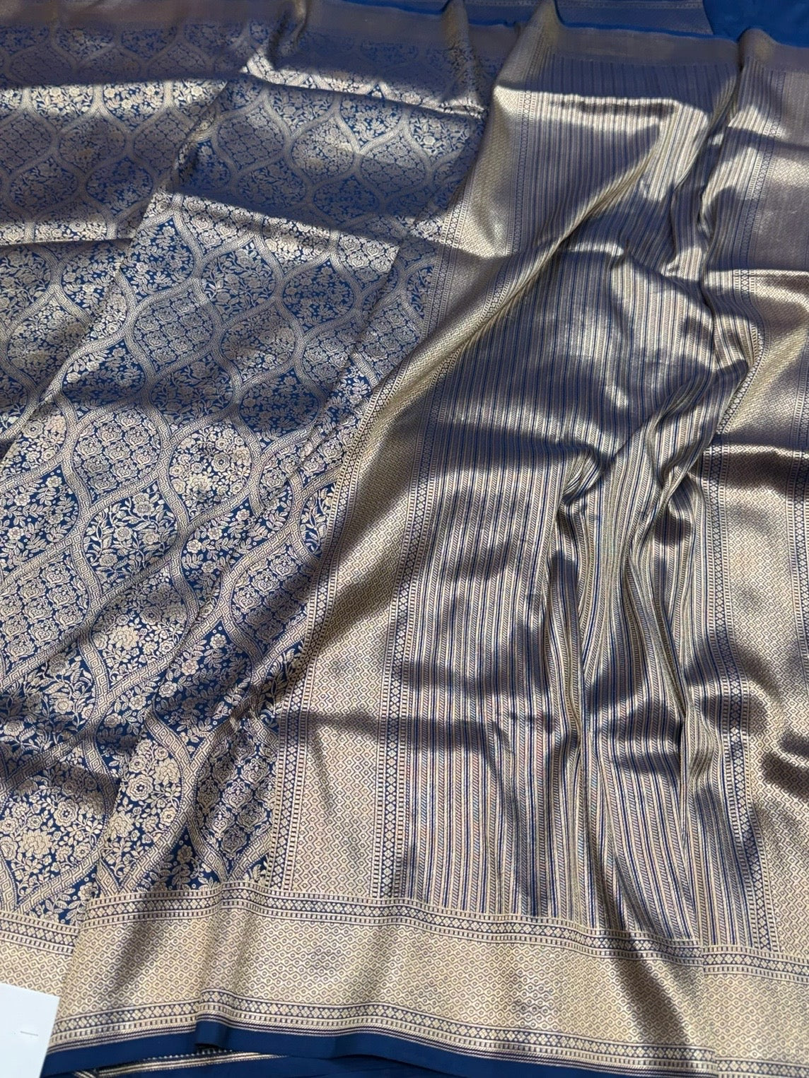German Blue Banarasi Pure Silk Brocade Saree - Image 3