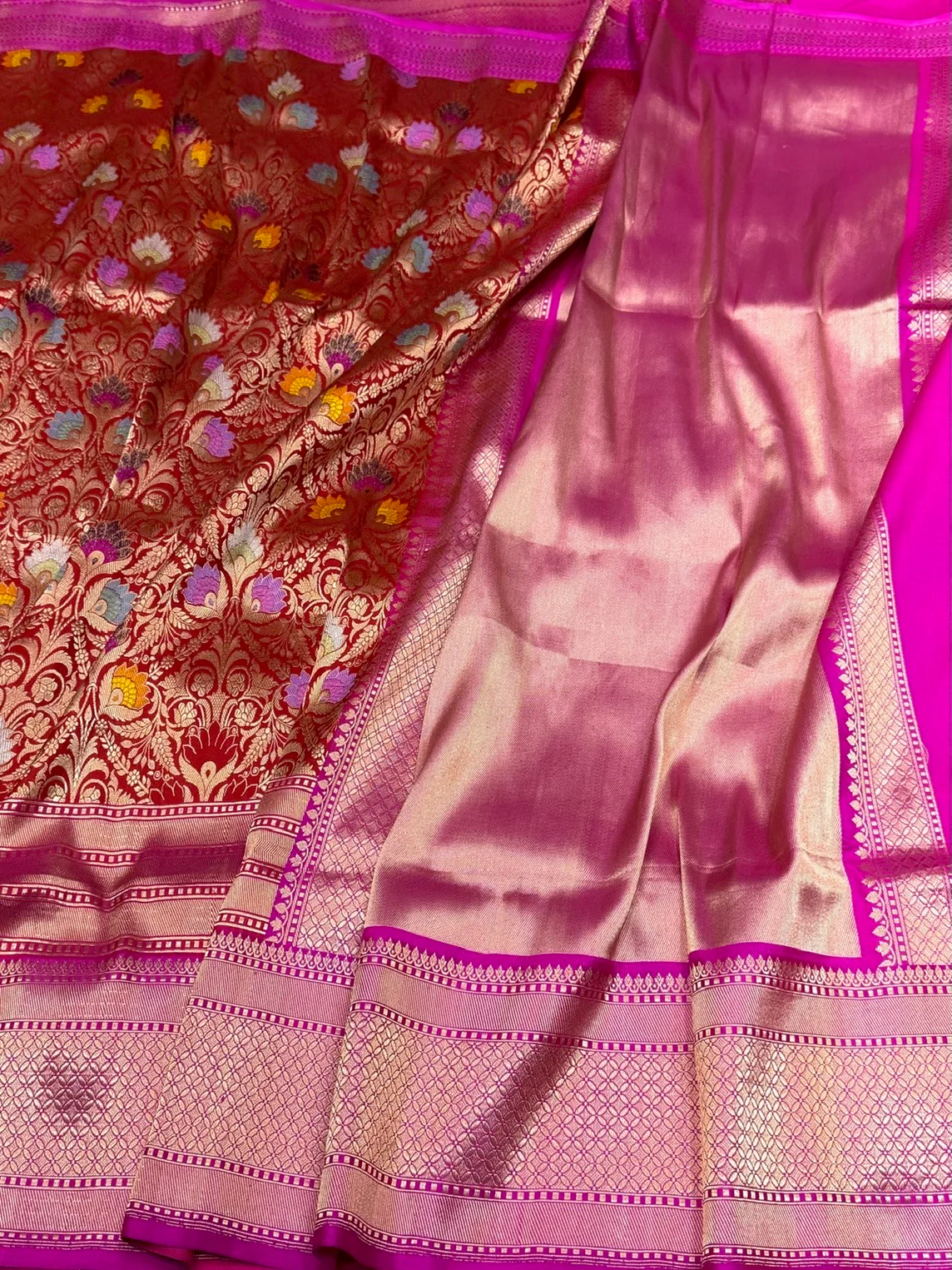 Red Banarasi Silk Brocade Saree with Rani Pink Satin Border – Katan Silk Elegance - Image 3