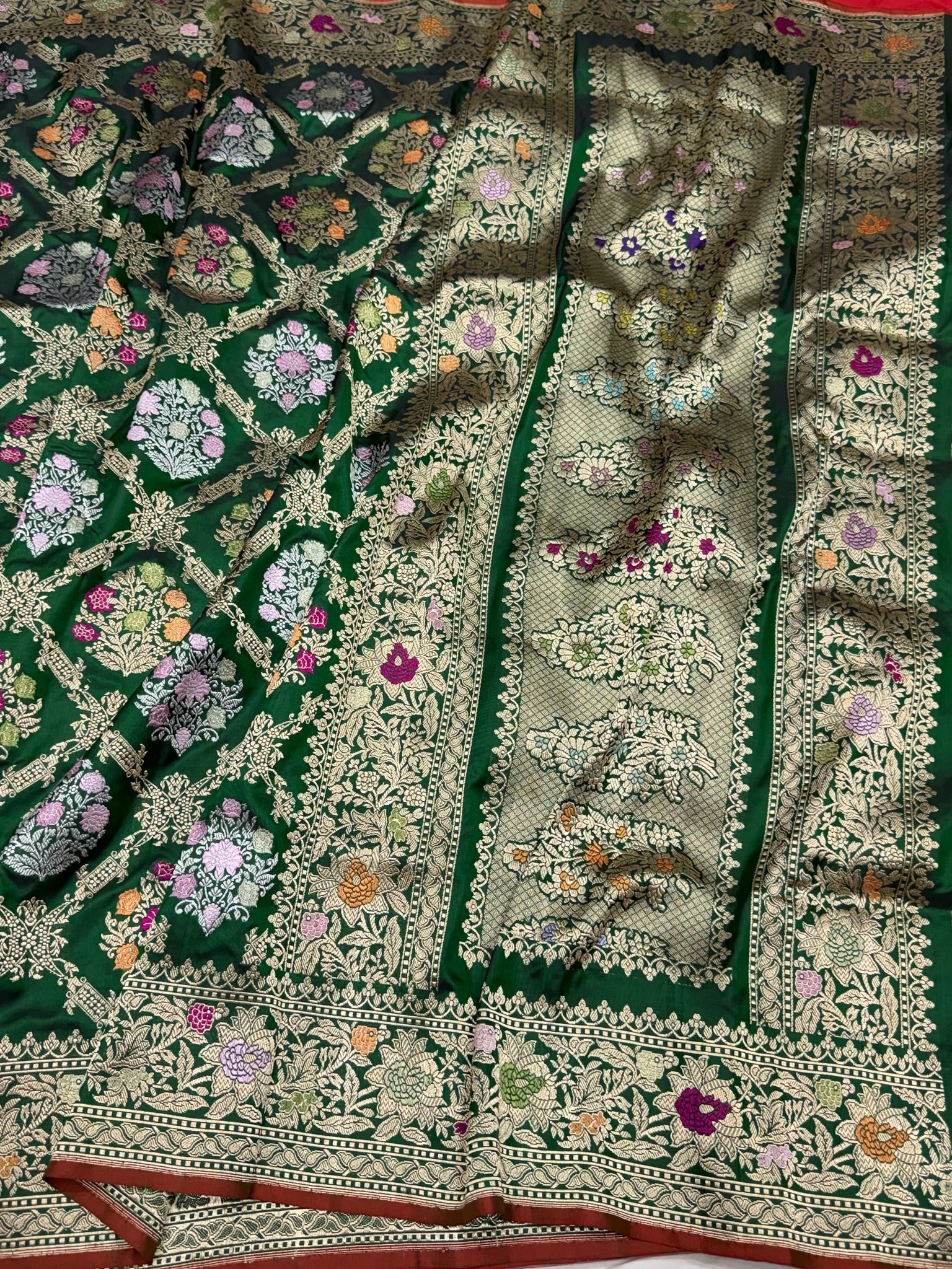 Bottle Green Handwoven Pure Banarasi Silk Saree - Image 3