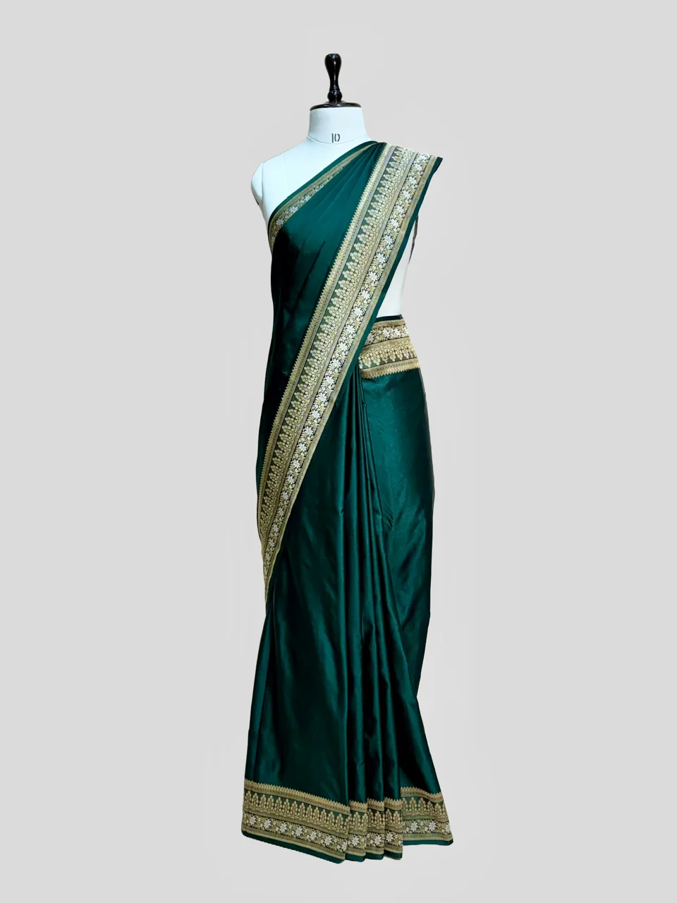 Bottle Green Handwoven Pure Banarasi Satin Silk Saree – Kadwa Weave, Pure Satin Silk - Image 5