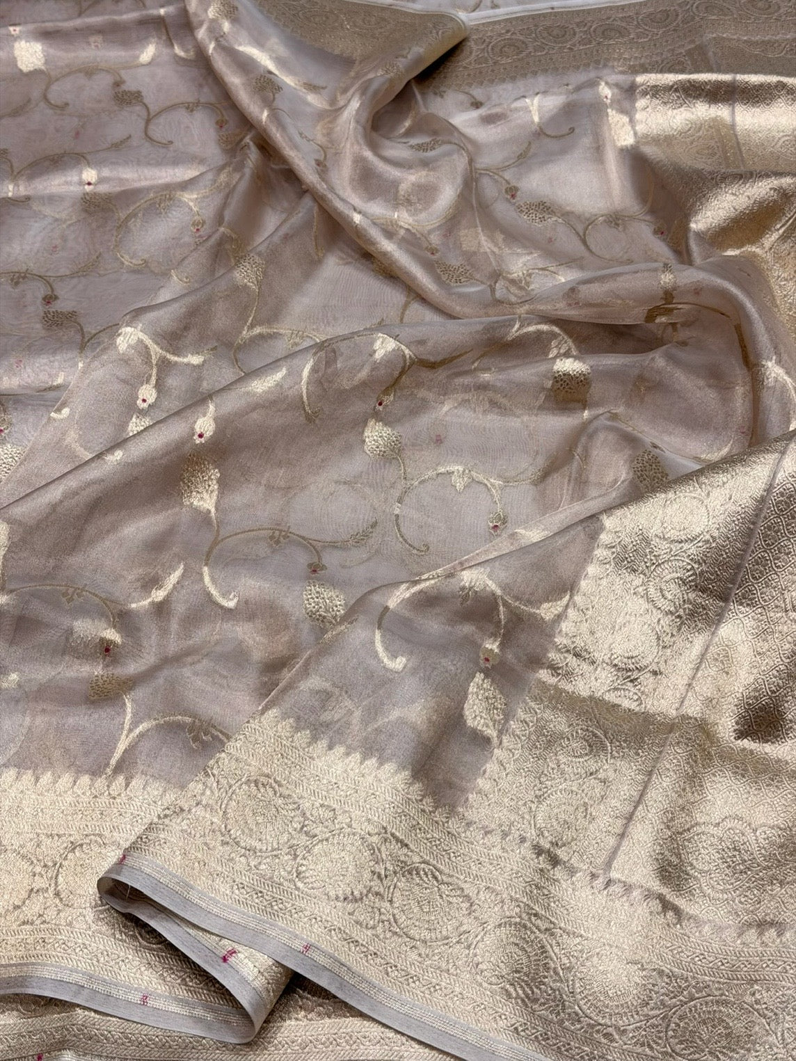 Champagne Gold Pure Banarasi Tissue Silk Saree Pure Kora Tissue