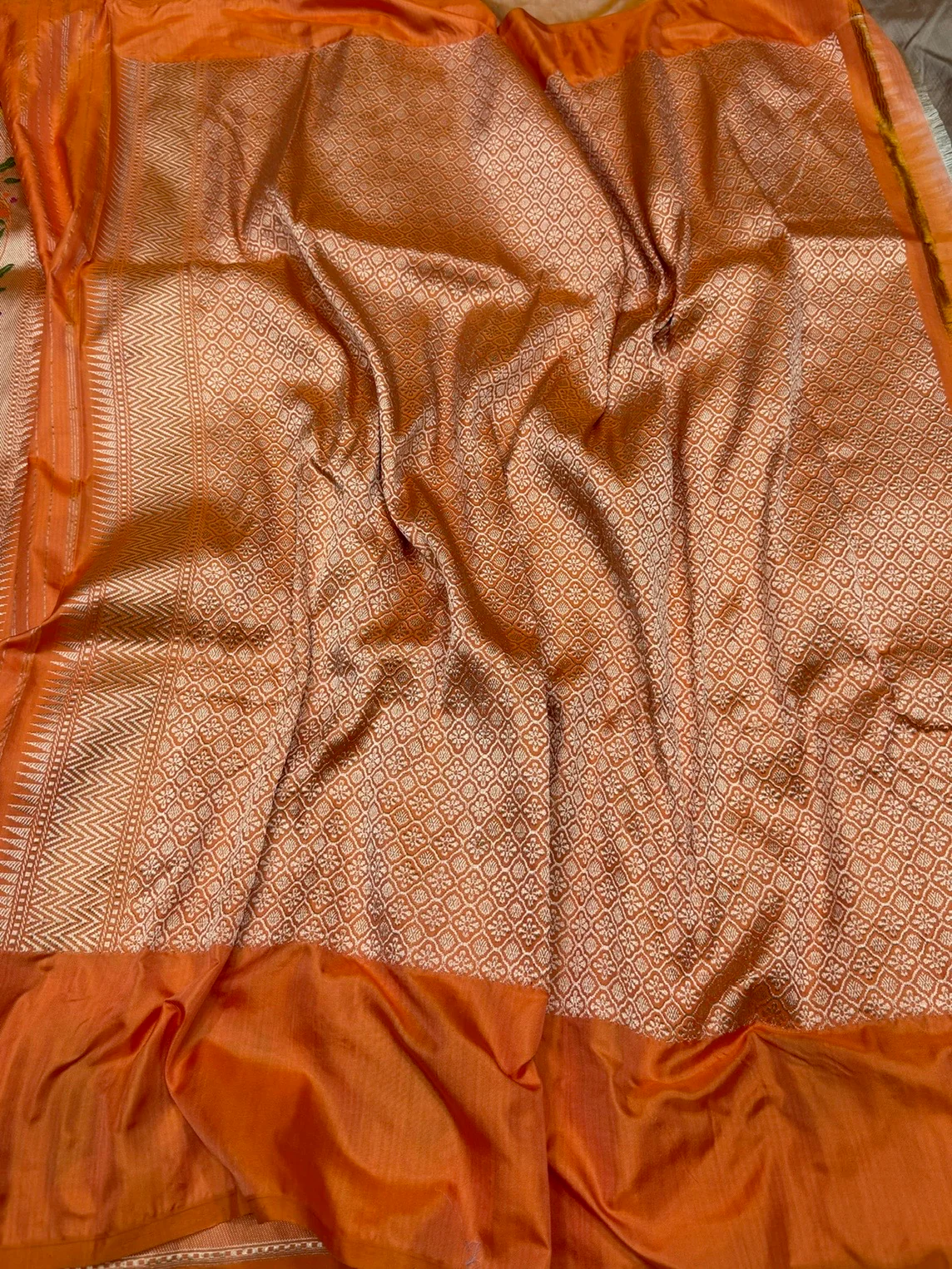 Chiku & Orange Handwoven Pure Banarasi Ektara Silk Saree - Image 2