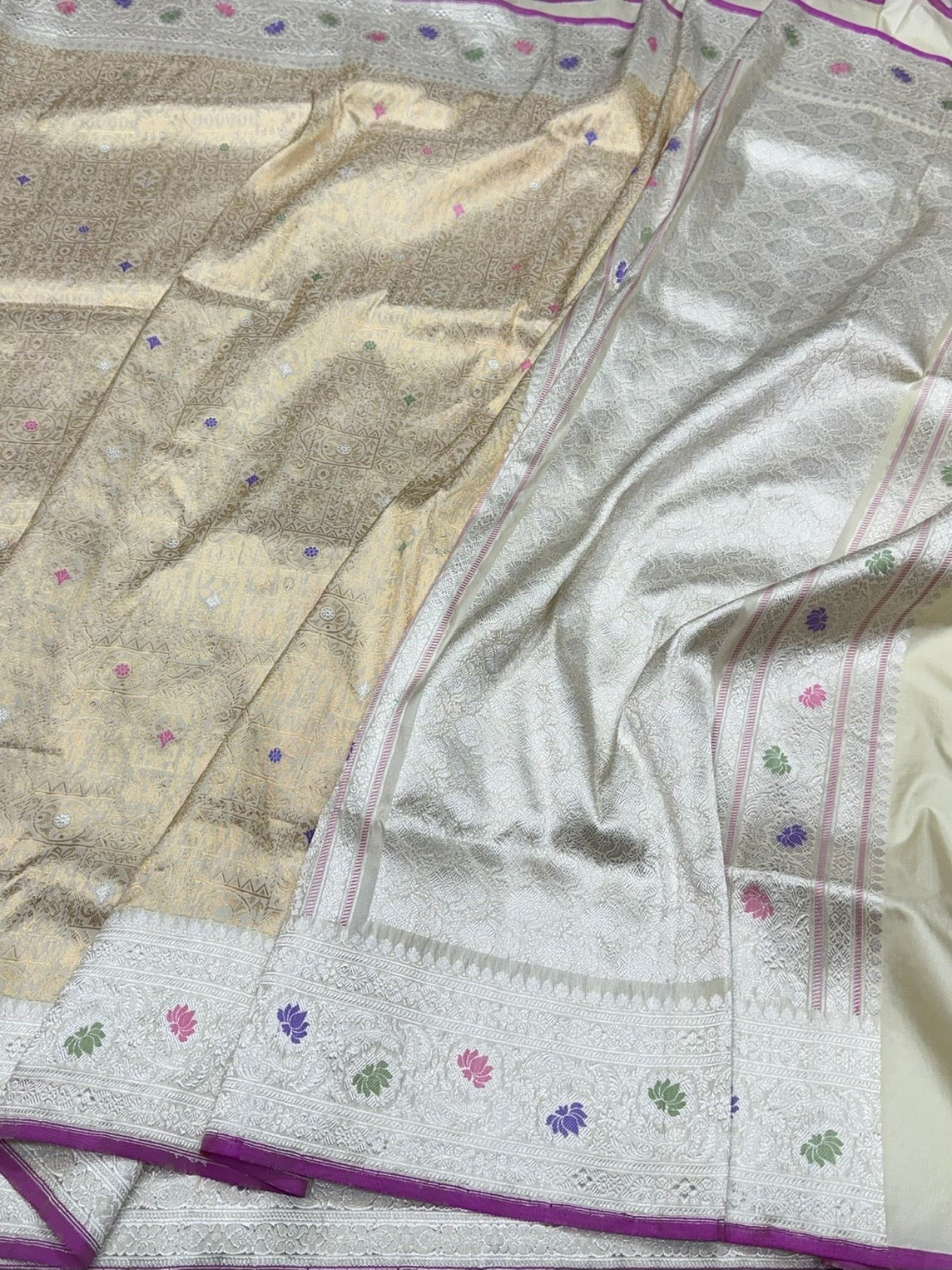 Cream Handwoven Pure Banarasi Tissue Silk Saree – Kadwa Weave in 100% Ektara Tissue Silk - Image 3