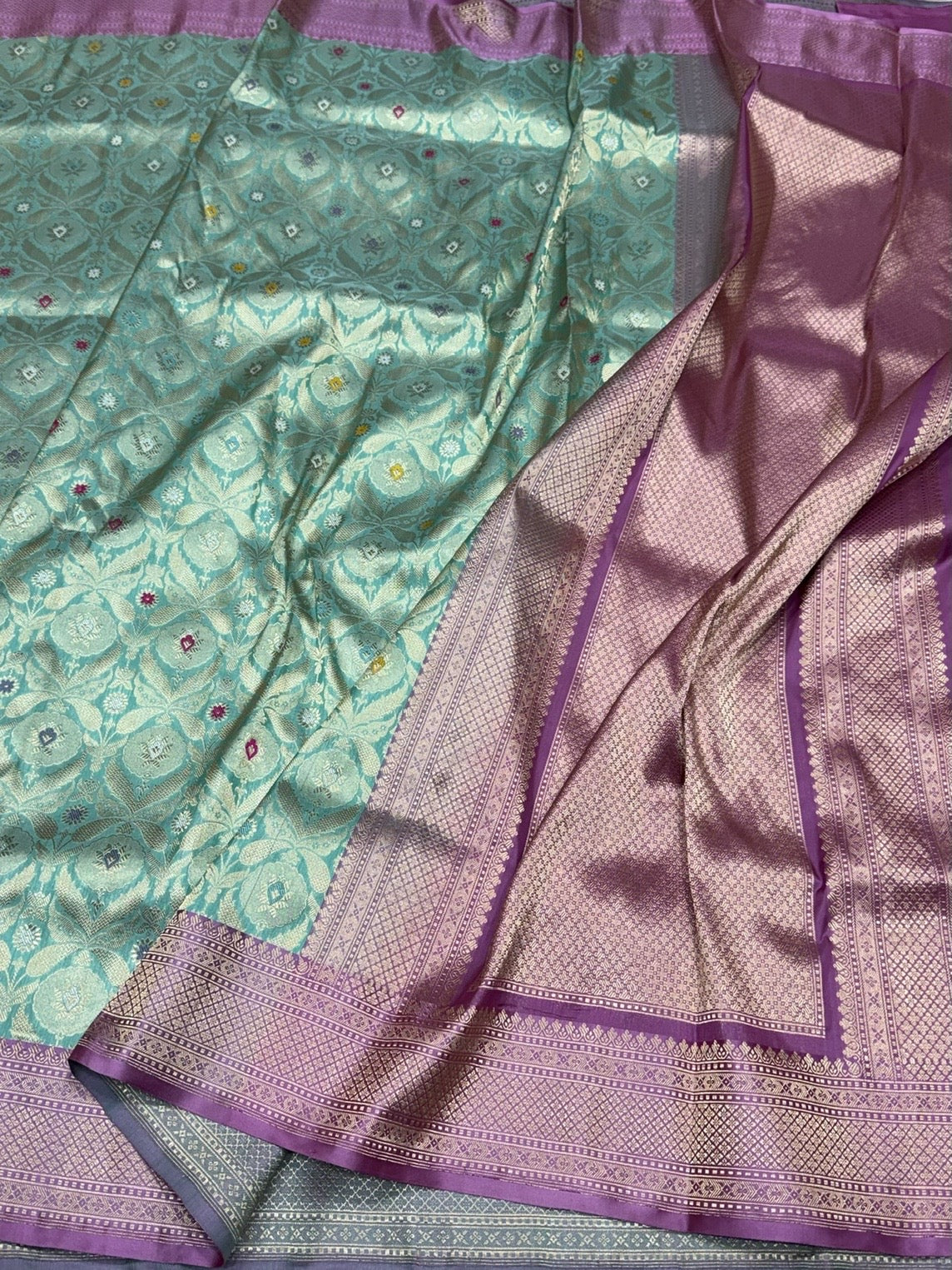 Powder Blue Handwoven Banarasi Pure Silk Brocade Saree with Red Satin Border – Luxurious Katan Silk - Image 3