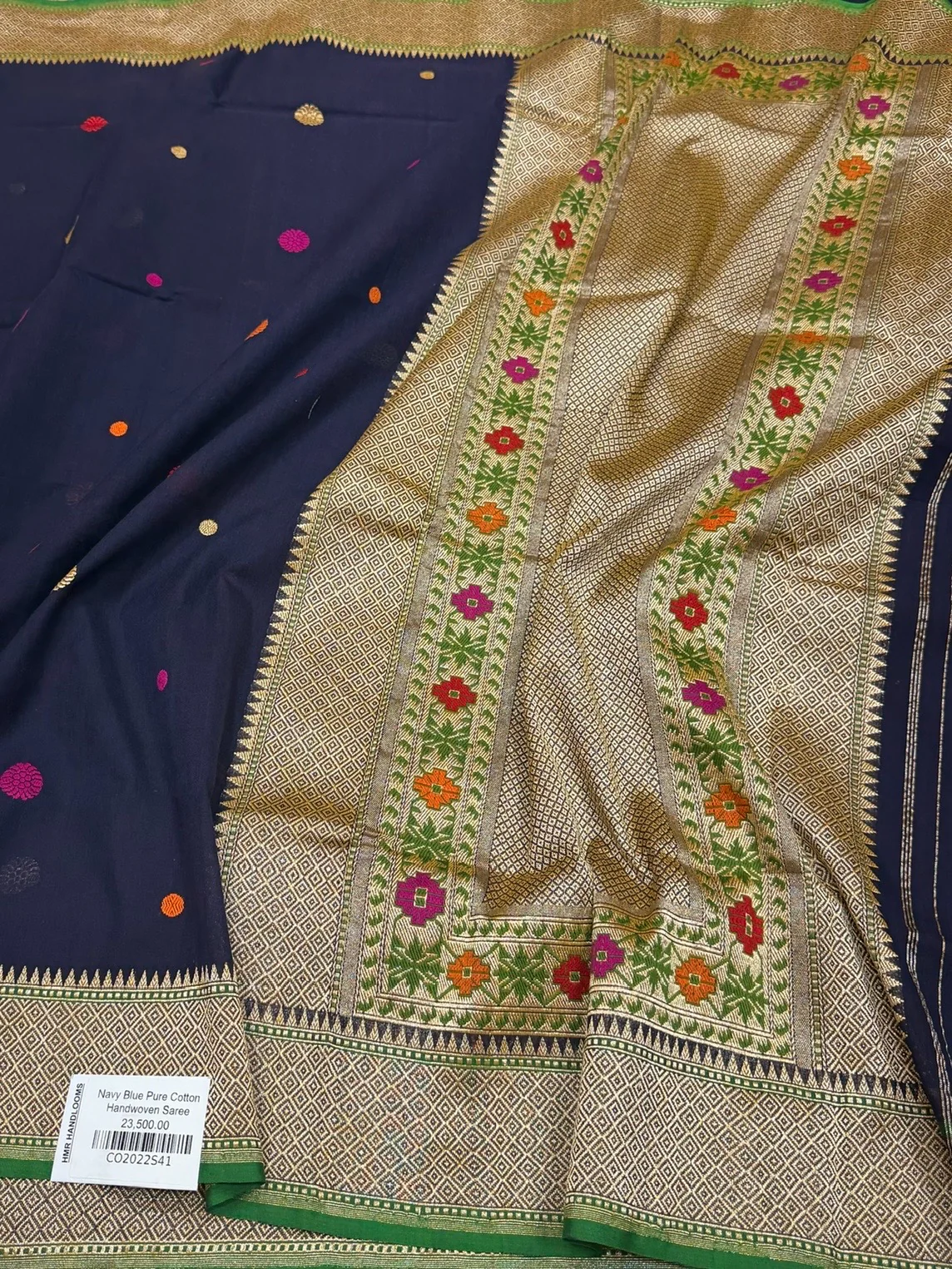 Navy Blue Handwoven Banarasi Pure Cotton Saree - Image 3
