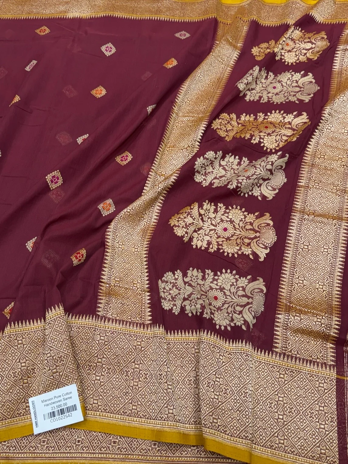 Brown Handwoven Banarasi Pure Cotton Saree - Image 3