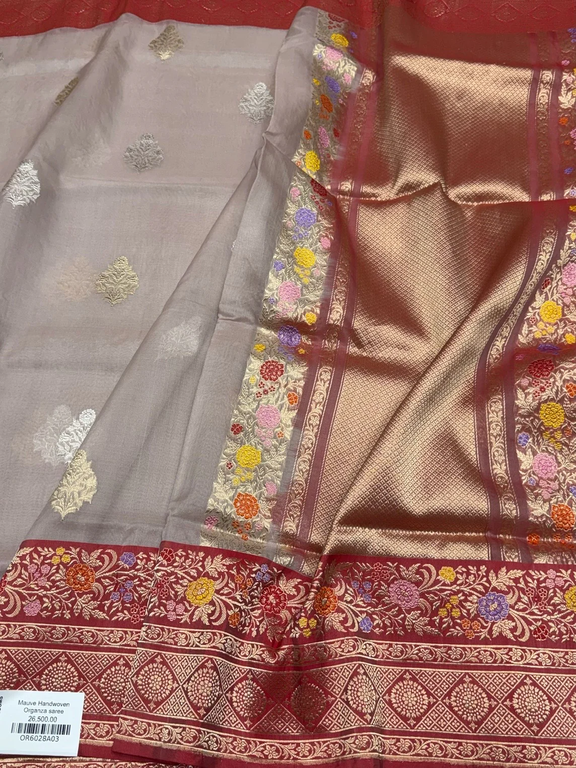 Mauve Handwoven Banarasi Pure Organza Silk Saree - Image 3