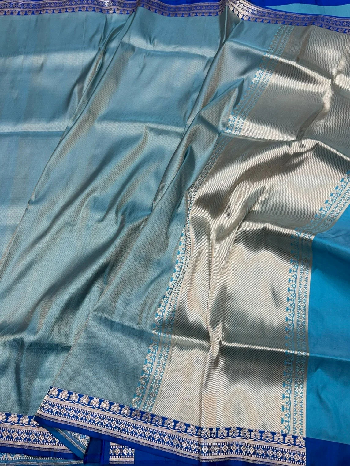 Sky Blue Handwoven Banarasi Pure Silk Brocade Saree - Image 3