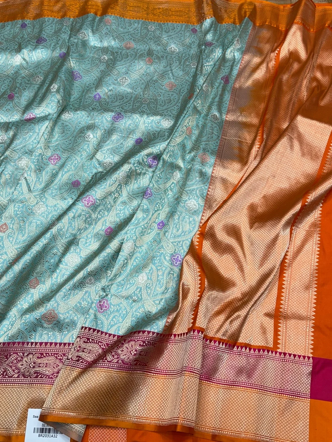 Sea Blue Handwoven Banarasi Pure Silk Brocade Saree - Image 3