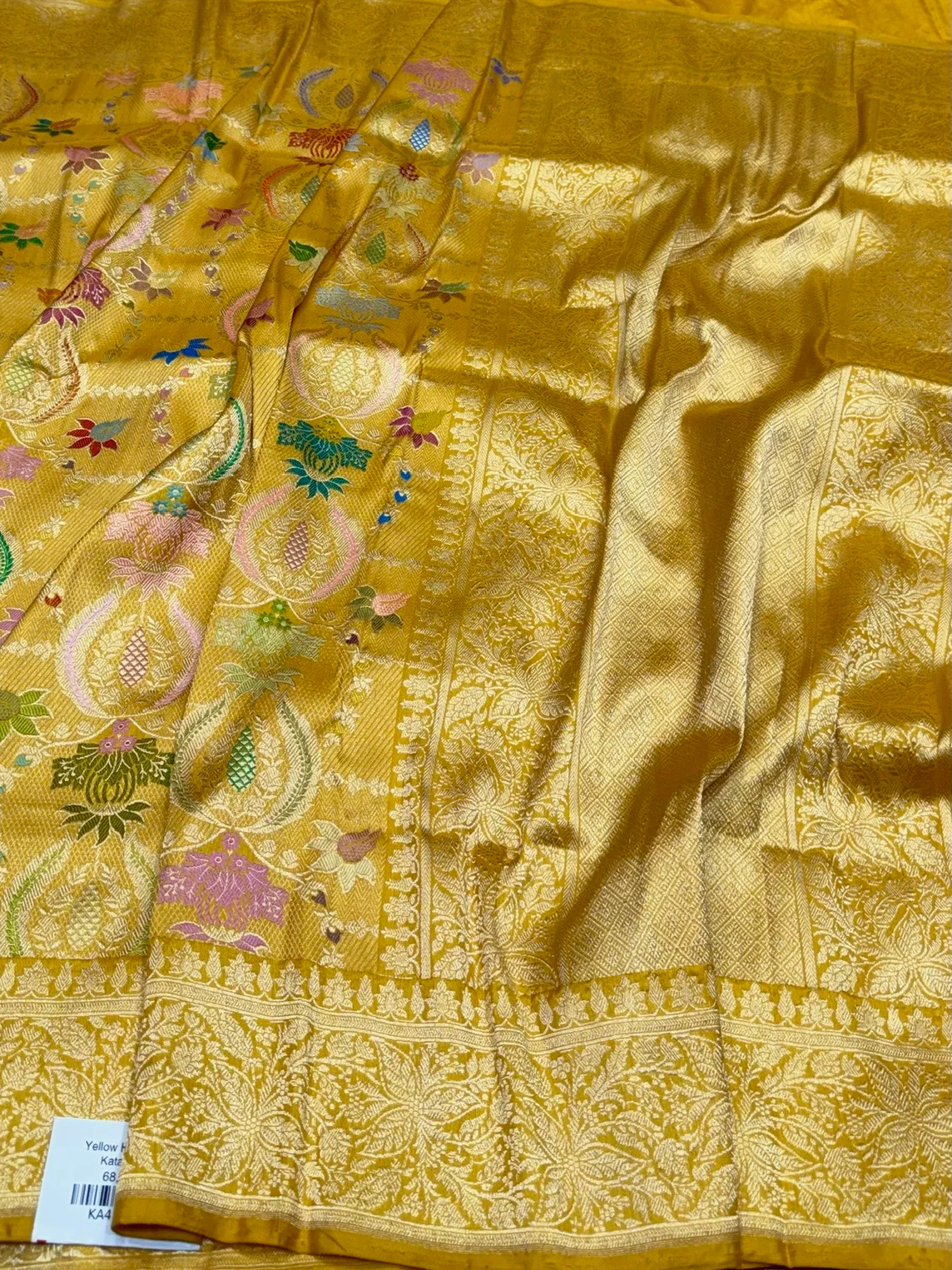 Yellow Handwoven Banarasi Pure Silk Brocade Saree | Meenakari Katan Silk - Image 3