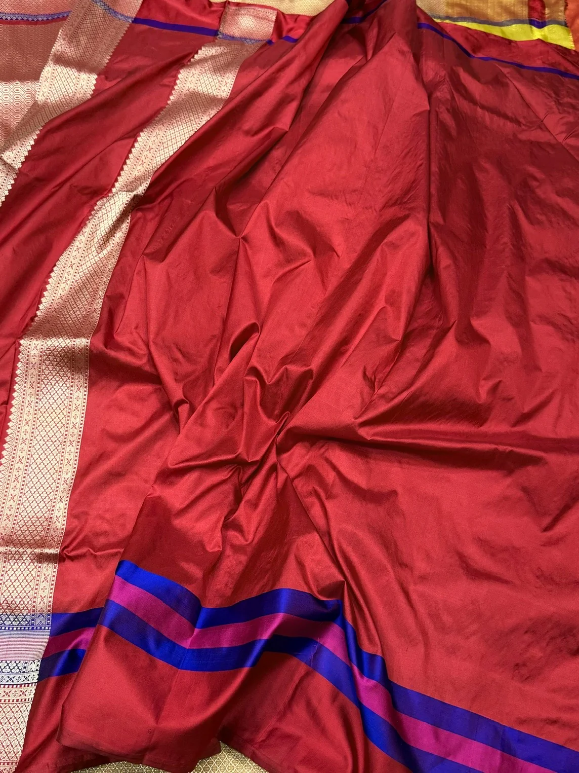 Yellow Handwoven Banarasi Pure Silk Brocade Saree with Red Satin Border – Luxurious Katan Silk - Image 2
