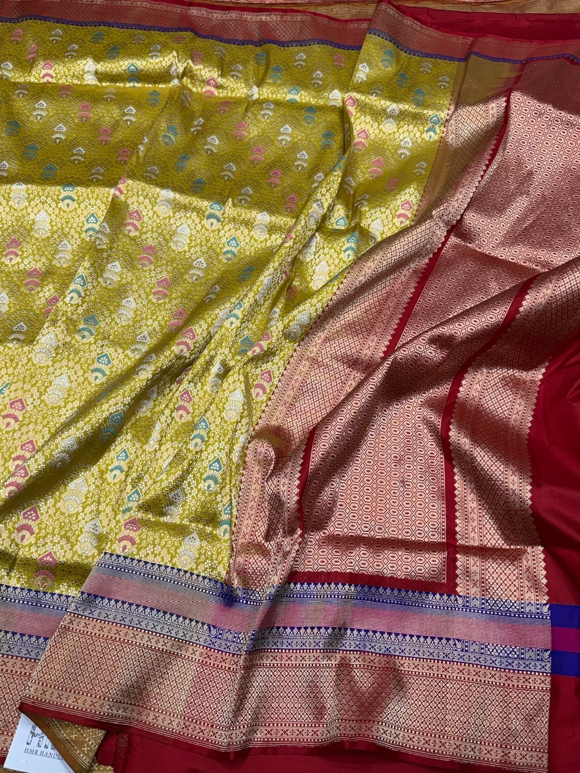 Yellow Handwoven Banarasi Pure Silk Brocade Saree with Red Satin Border – Luxurious Katan Silk - Image 3