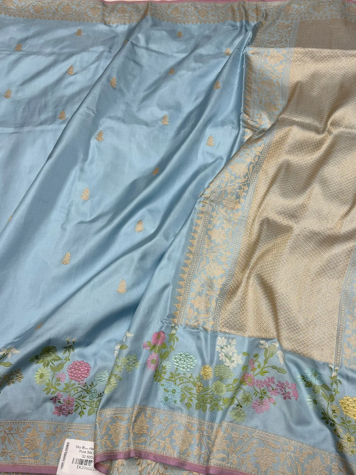 Sky Blue Handwoven Pure Banarasi Ektara Silk Saree - Image 2