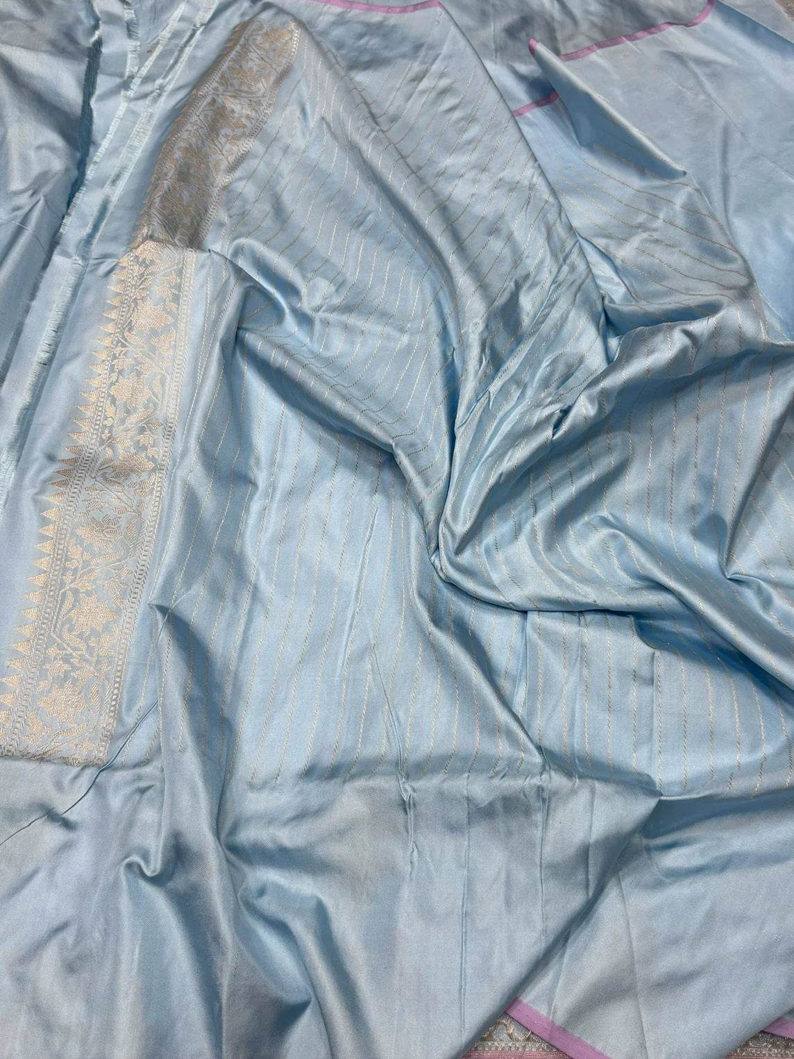 Sky Blue Handwoven Pure Banarasi Ektara Silk Saree - Image 3