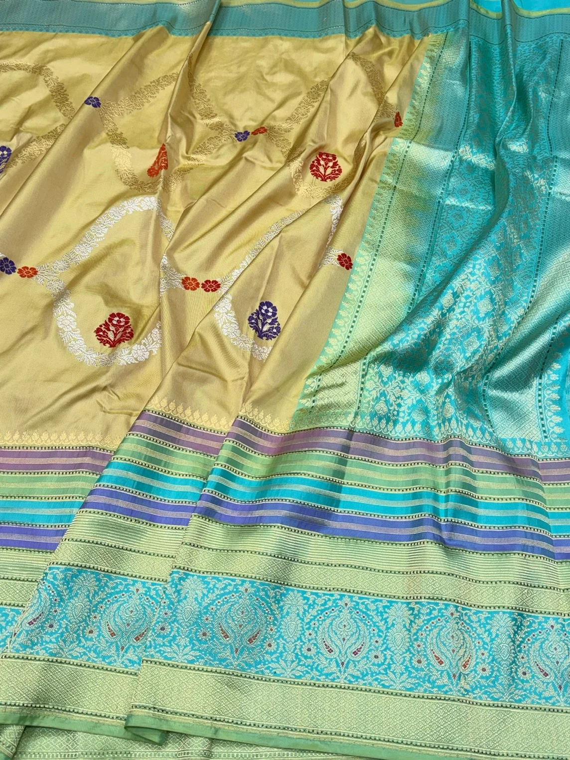 Mustard Yellow / Turquoise Green Handwoven Pure Banarasi Ektara Silk Saree – Luxury Kadwa Weave - Image 3