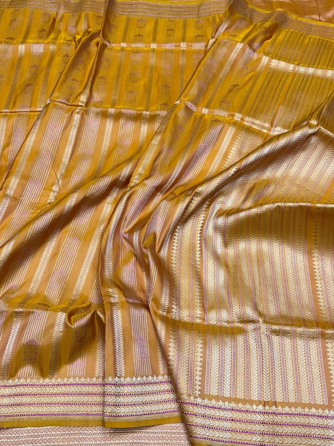 Mustard Yellow Handwoven Pure Banarasi Satin Silk Saree – Kadwa Weave & Lustrous Satin Finish - Image 3