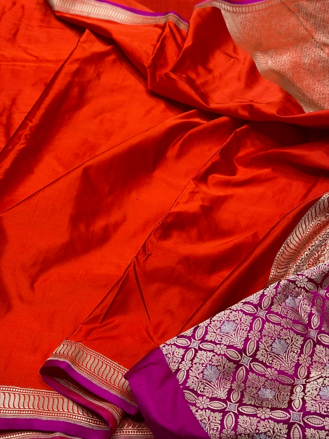 Orange Handwoven Pure Banarasi Mashru Satin Silk Saree – Kadwa Weave in 100% Satin Silk