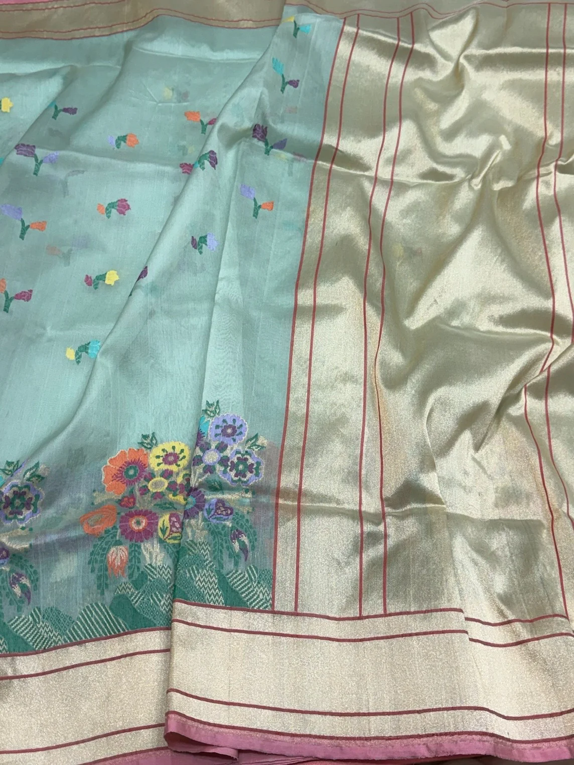 Sea Green Handwoven Pure Banarasi Organza Silk Saree - Image 3