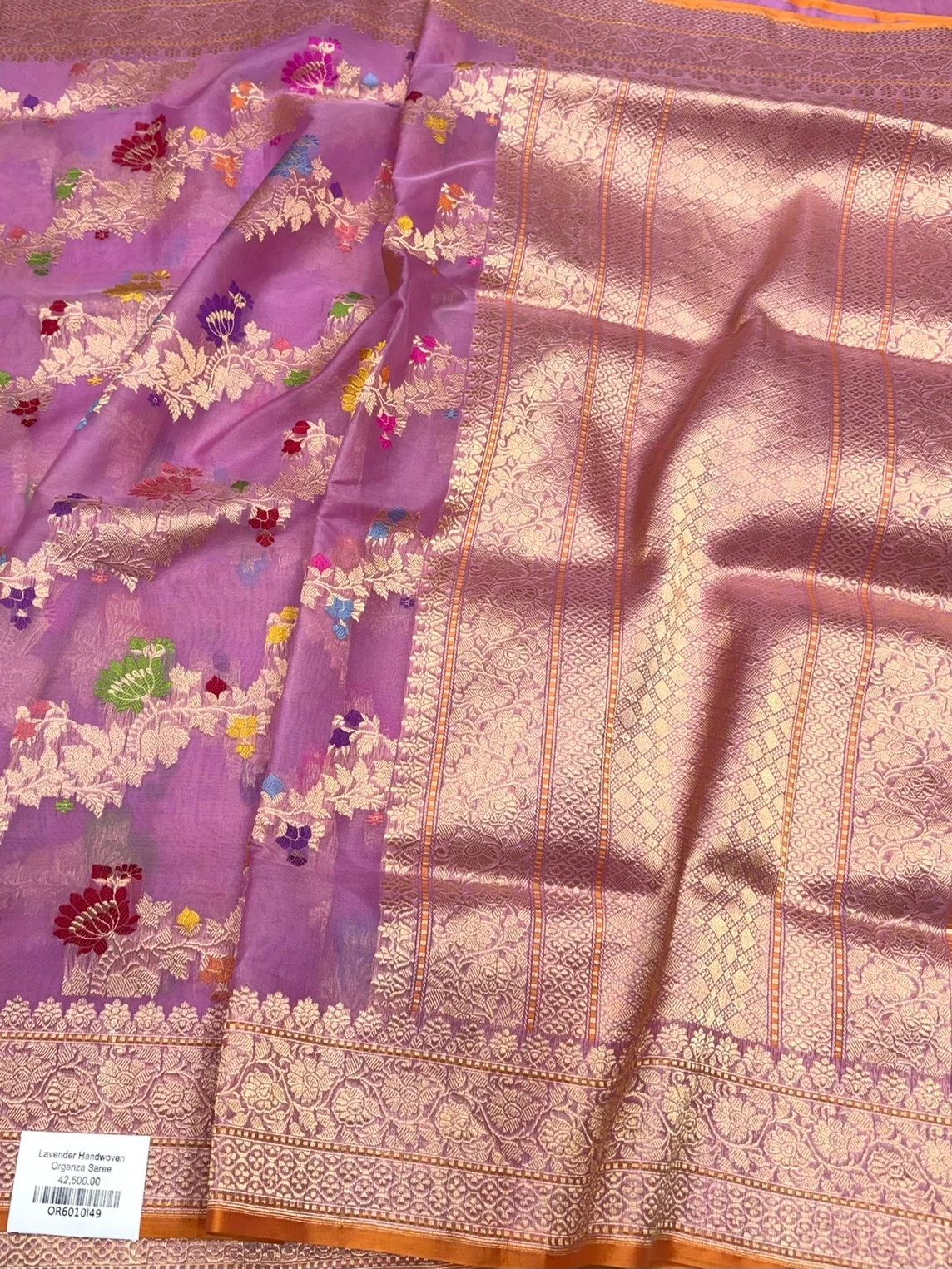 Lavender Handwoven Pure Banarasi Organza Silk Saree - Image 3