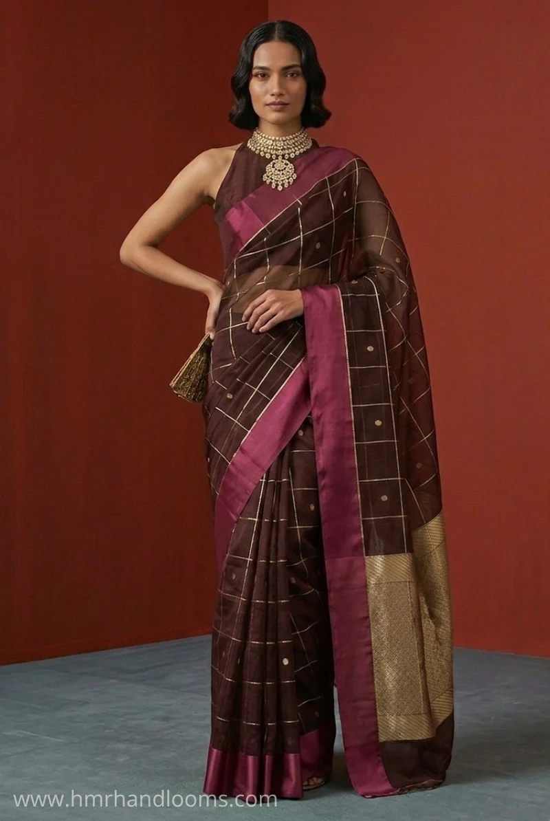 Wine Handwoven Pure Banarasi Organza Silk Saree - Image 2