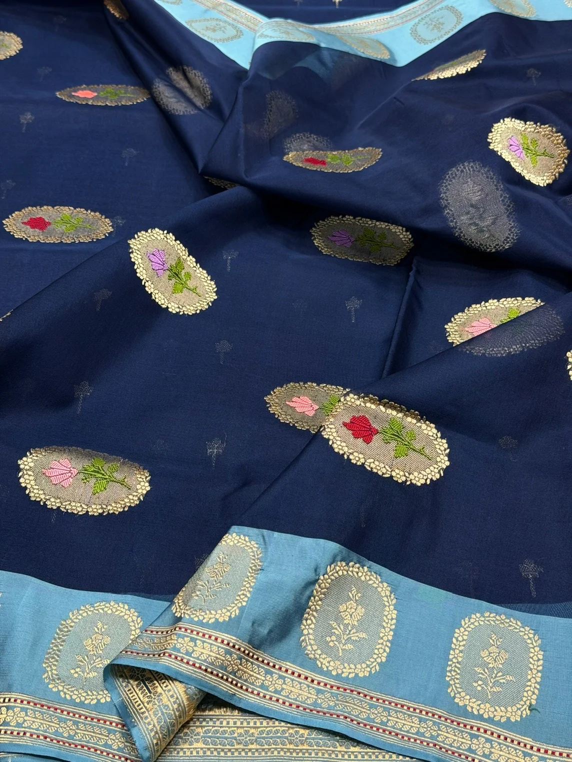 Navy Blue Handwoven Pure Banarasi Organza Silk Saree – Kadwa Weave in Kora Mulberry Silk