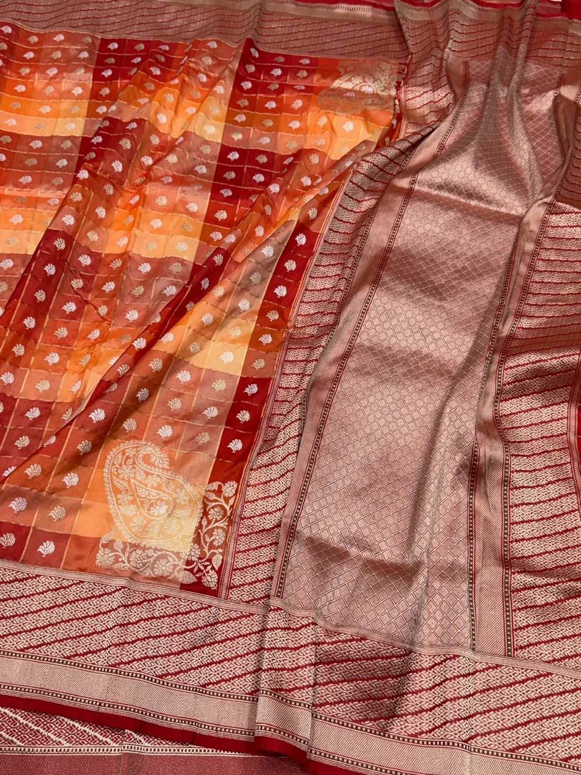 Rustic Orange Handwoven Pure Banarasi Rangkaat Saree in Katan Silk – Traditional Checks Weave - Image 3