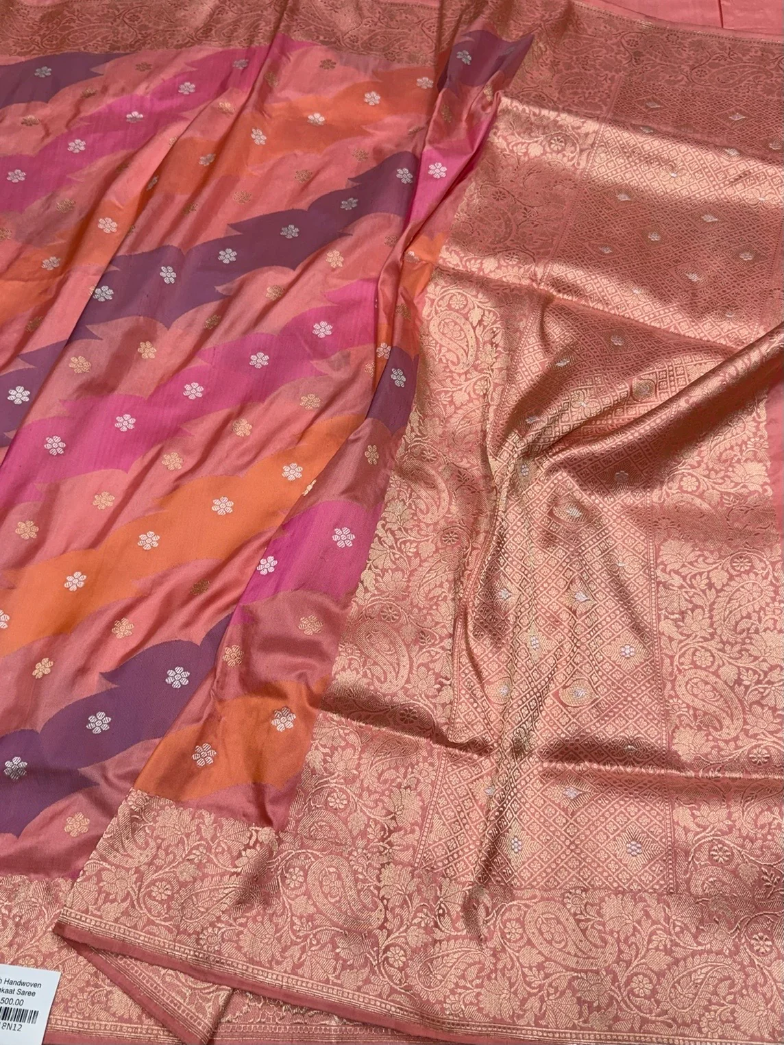 Peach Handwoven Pure Banarasi Rangkaat Silk Saree - Image 3